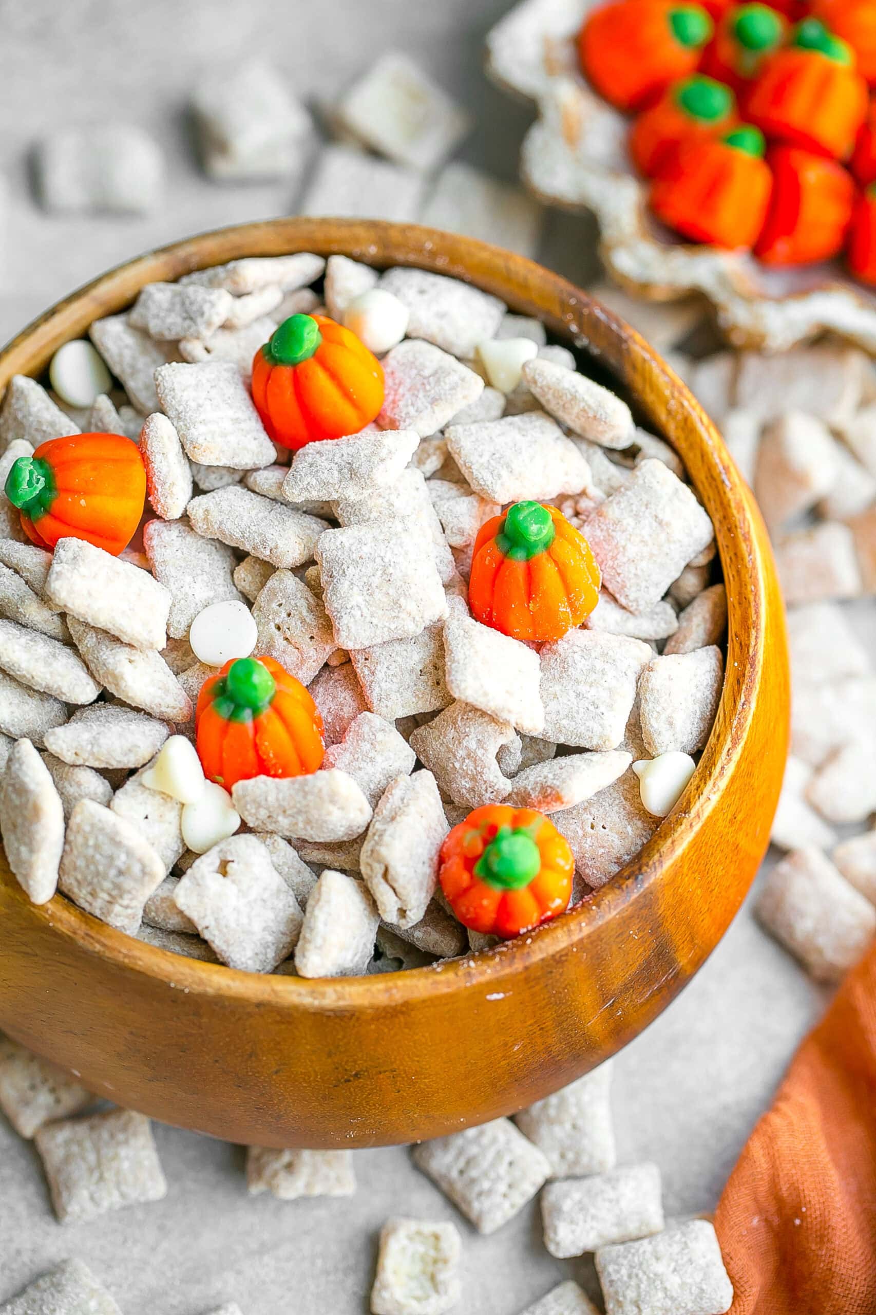 Fall themed muddy buddies in a bowl.