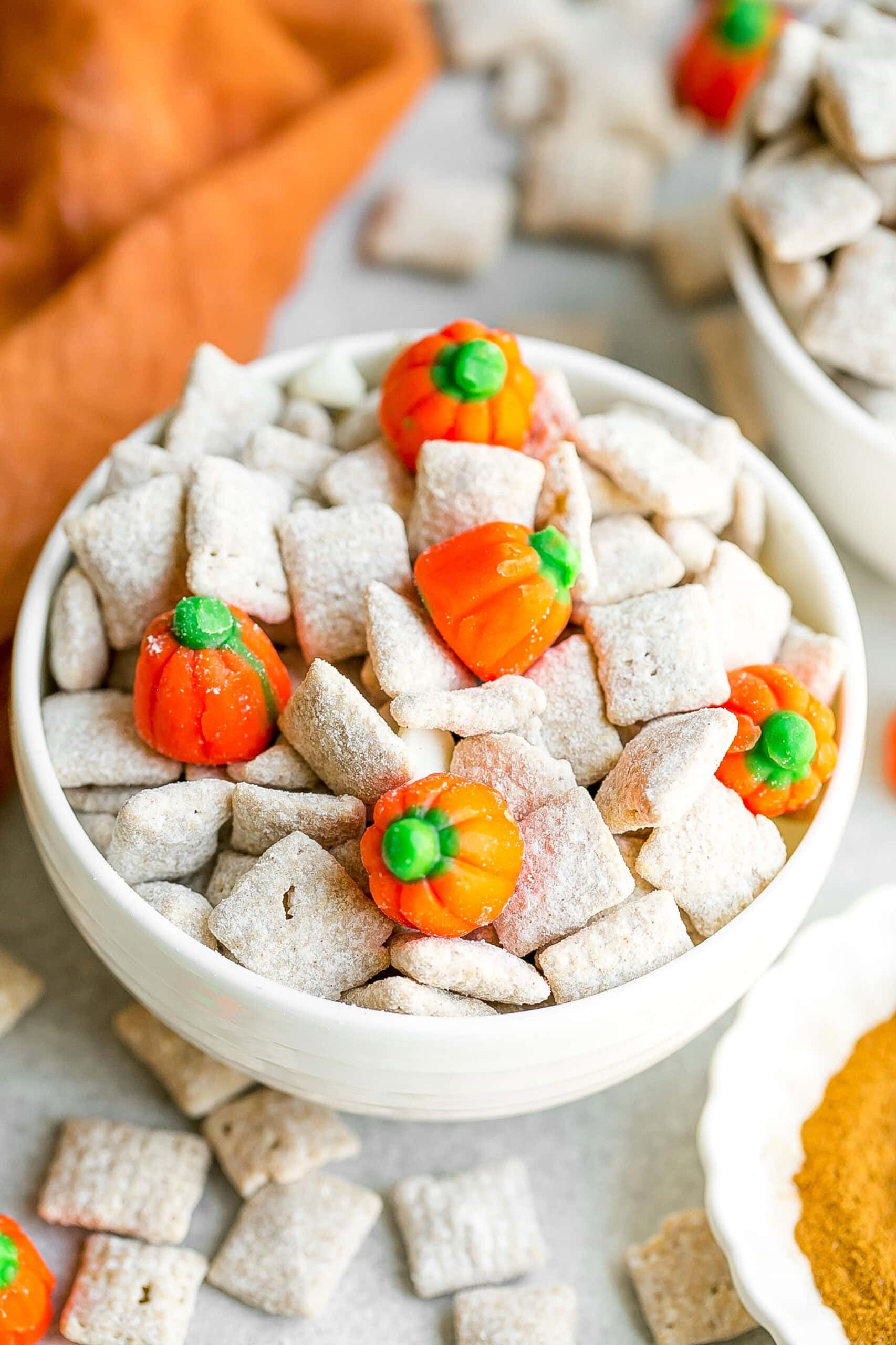 Bowl with Pumpkin Spice Puppy Chow.