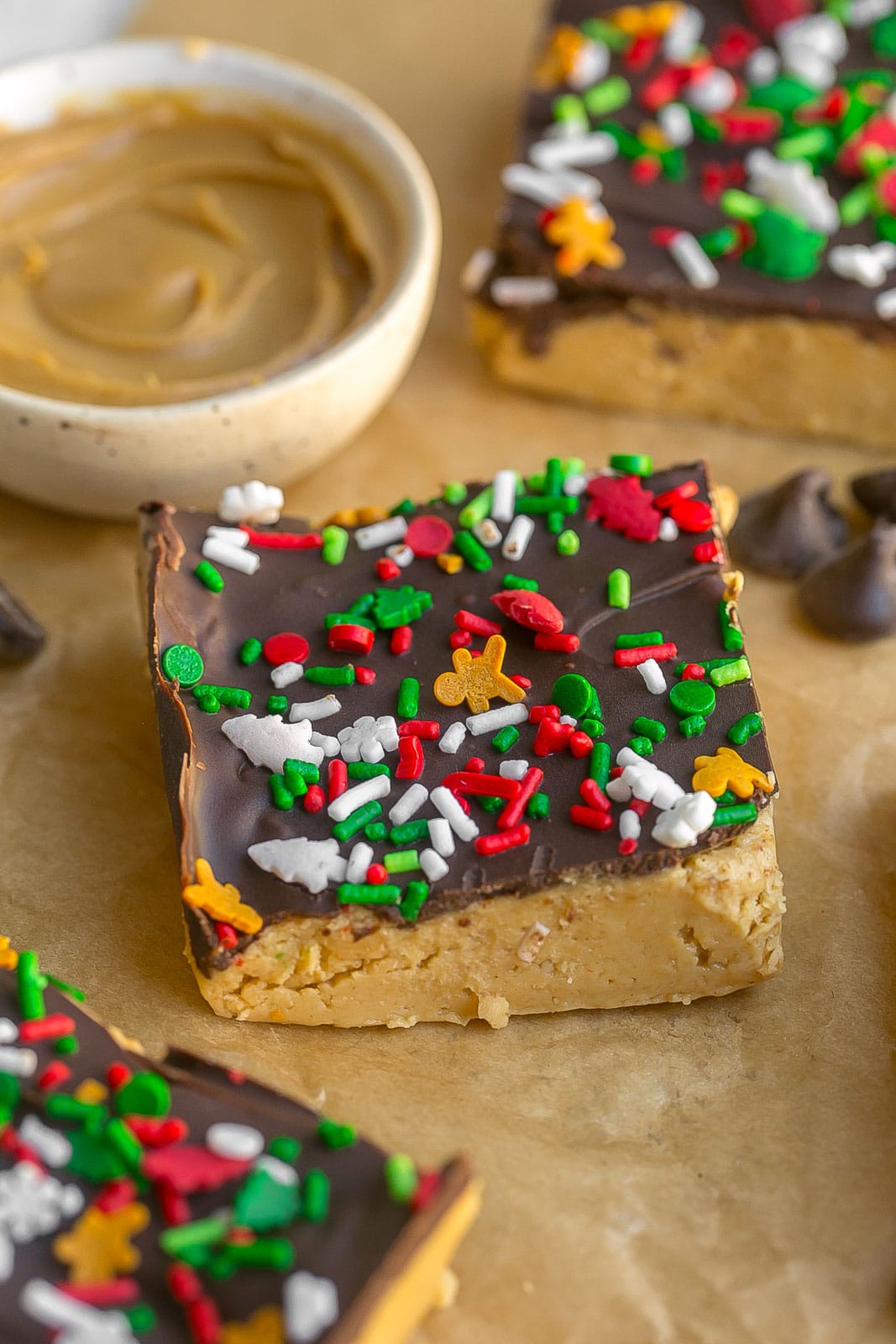 No bake buckeye bars with sprinkles.