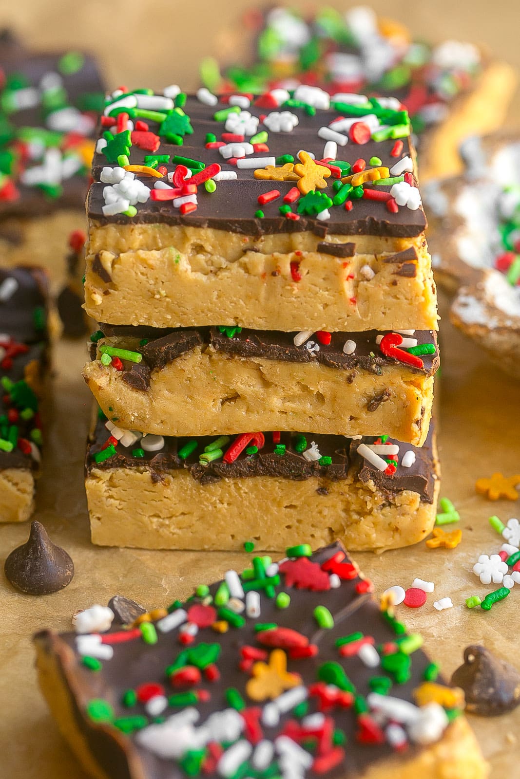 Stack of Buckeye Bars with sprinkles.