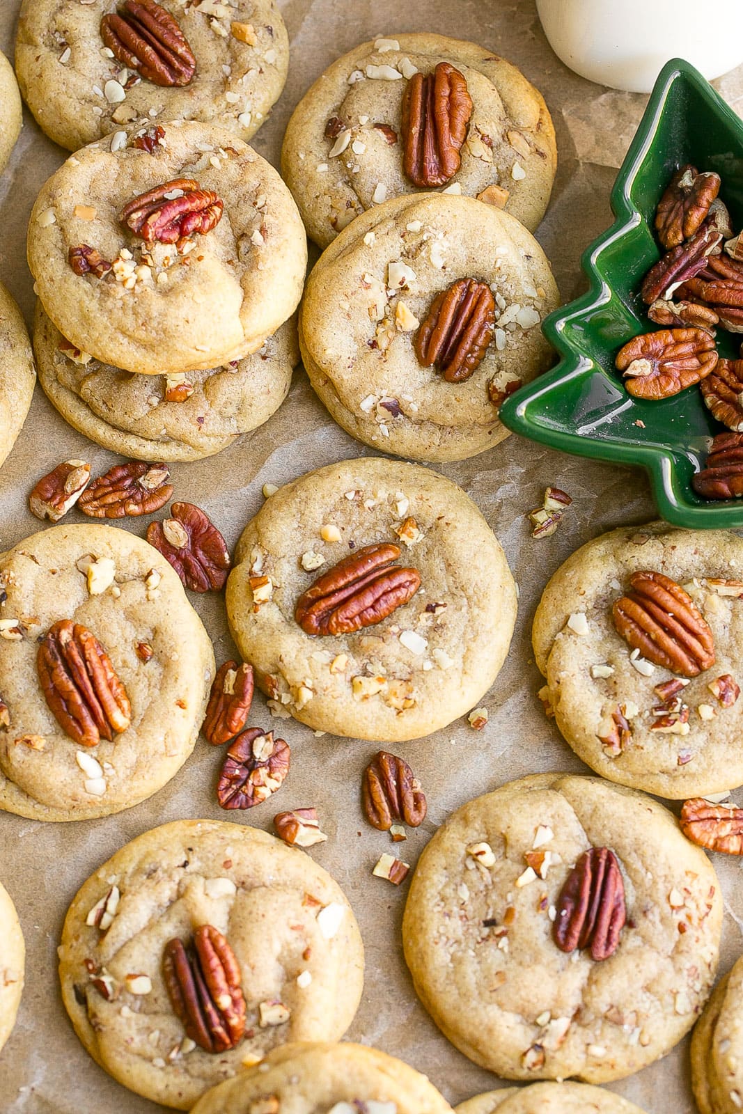 Brown Butter Pecan Cookies on parchment paper.