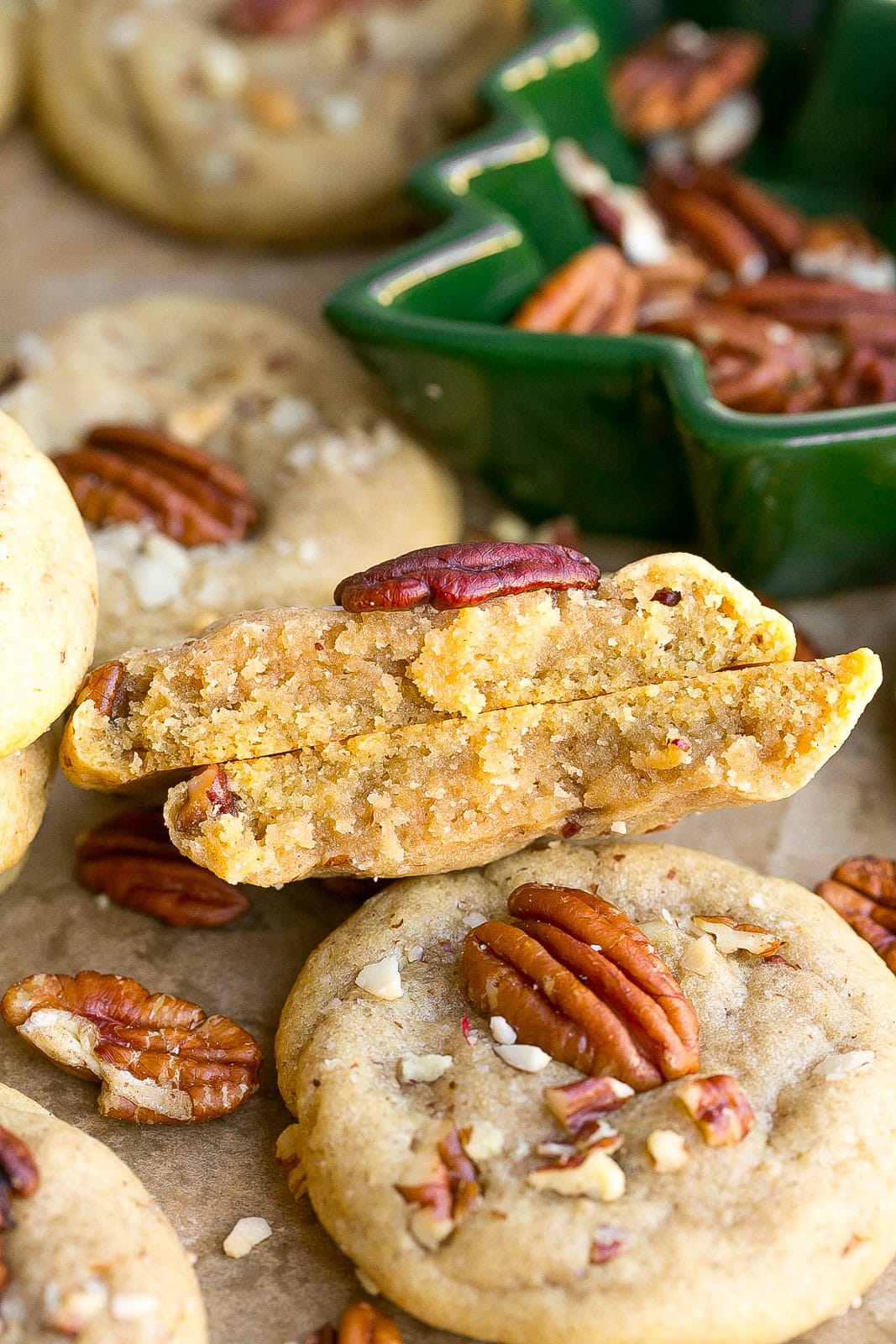 Butter pecan cookie cut in half.