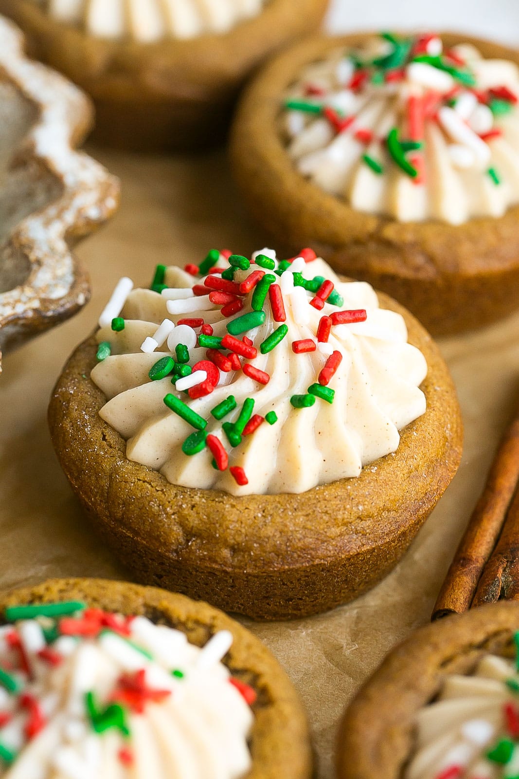 Close up of a frosted gingerbread cookie cup.