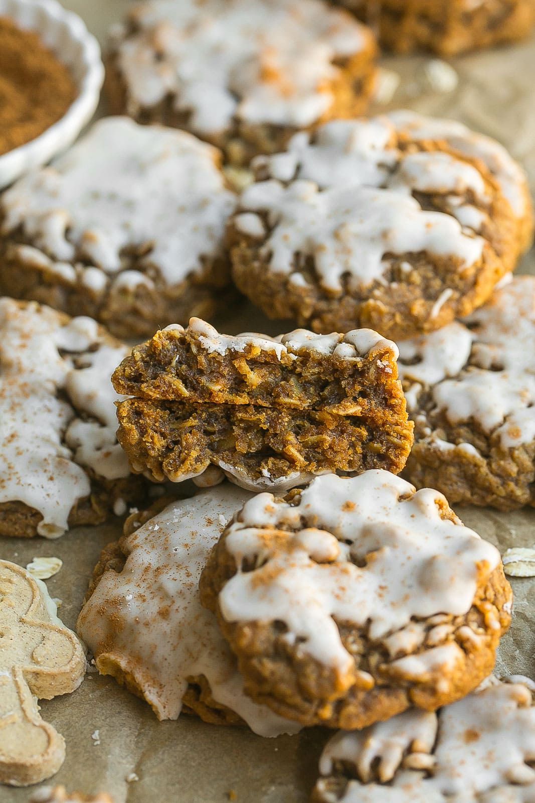 Inside of iced oatmeal cookie with gingerbread. 