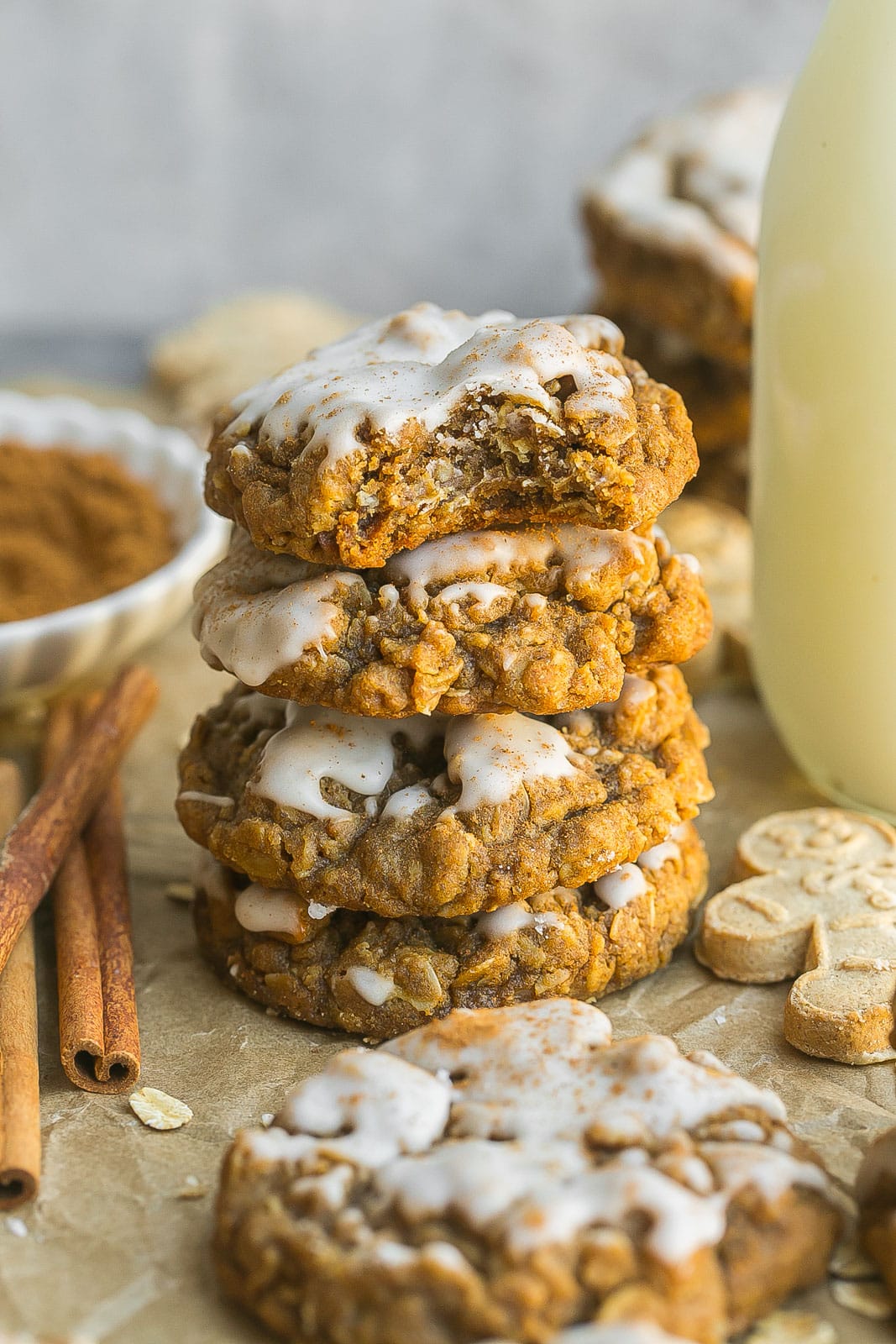 Stack of Gingerbread Oatmeal Cookies with bite mark.