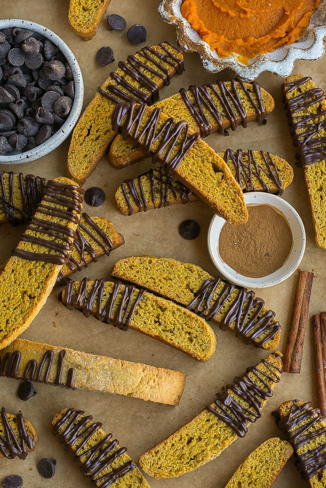 Chocolate drizzled pumpkin biscotti cookies.