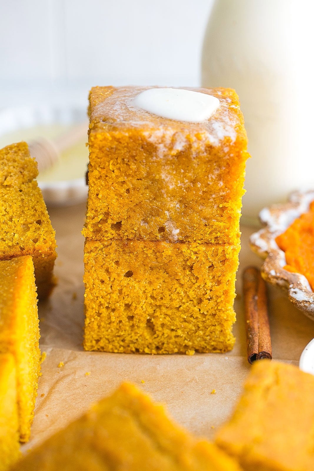 Stack of pumpkin cornbread.