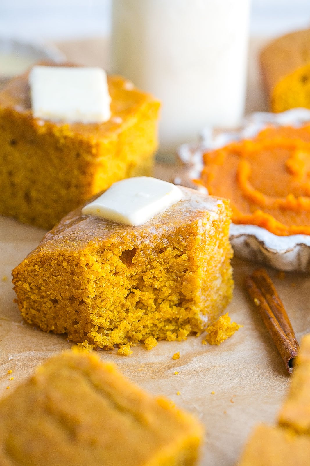 Bite out of pumpkin cornbread.