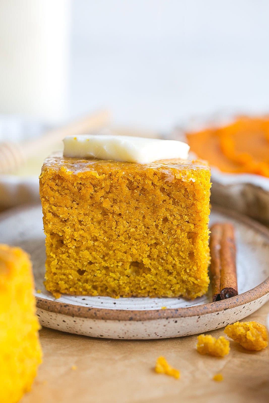 Side view of pumpkin cornbread.