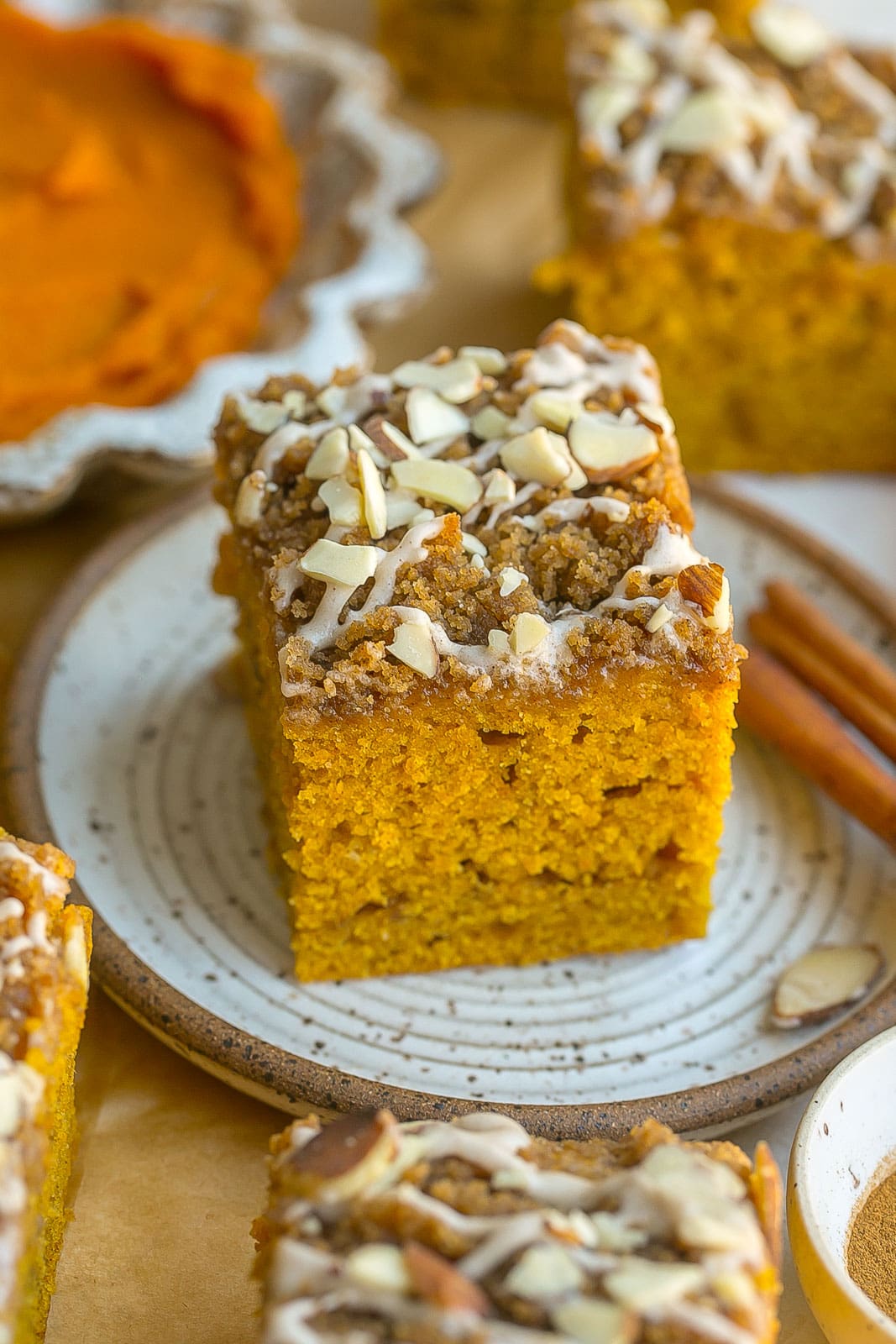 Pumpkin coffee cake on a plate.