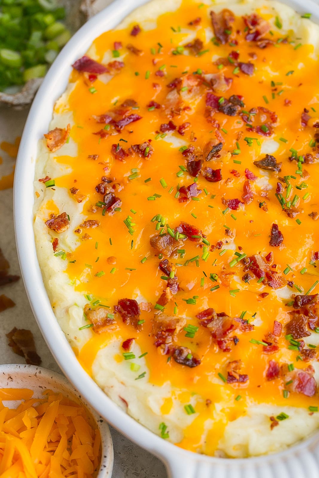 Side view of Twice Baked Mashed Potatoes.