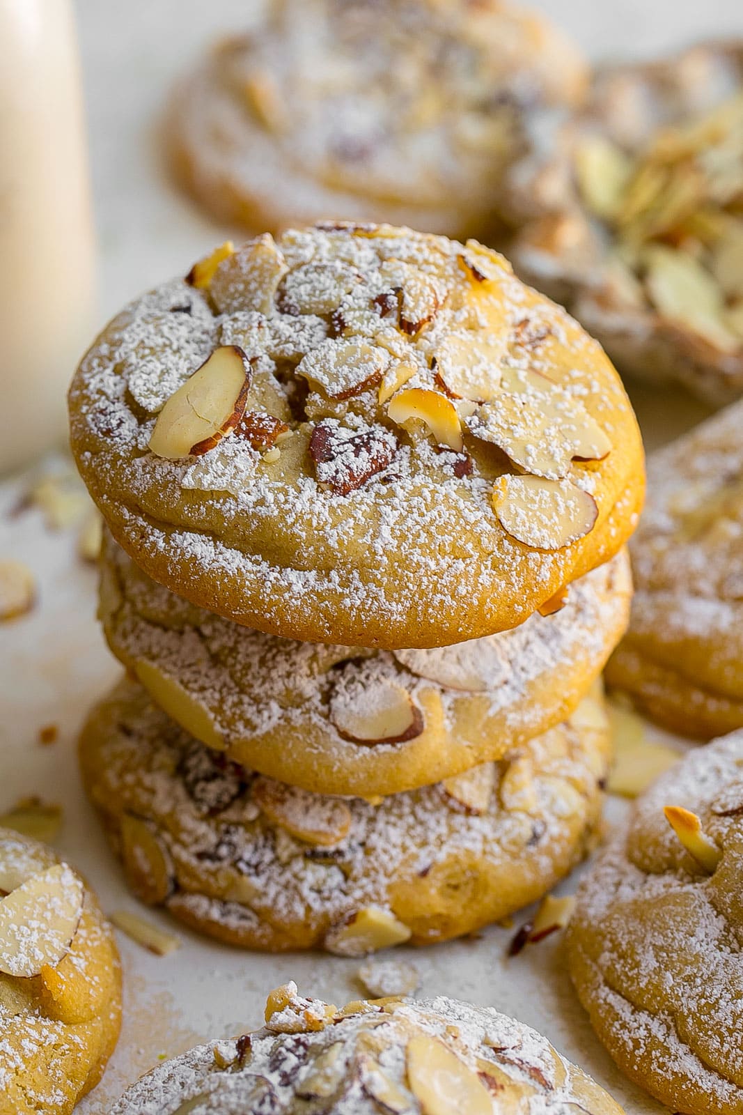 Tall stack of Almond Croissant Cookies.