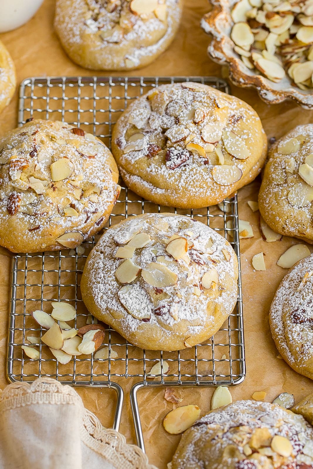 Almond Croissant Cookies on a cooling rack.