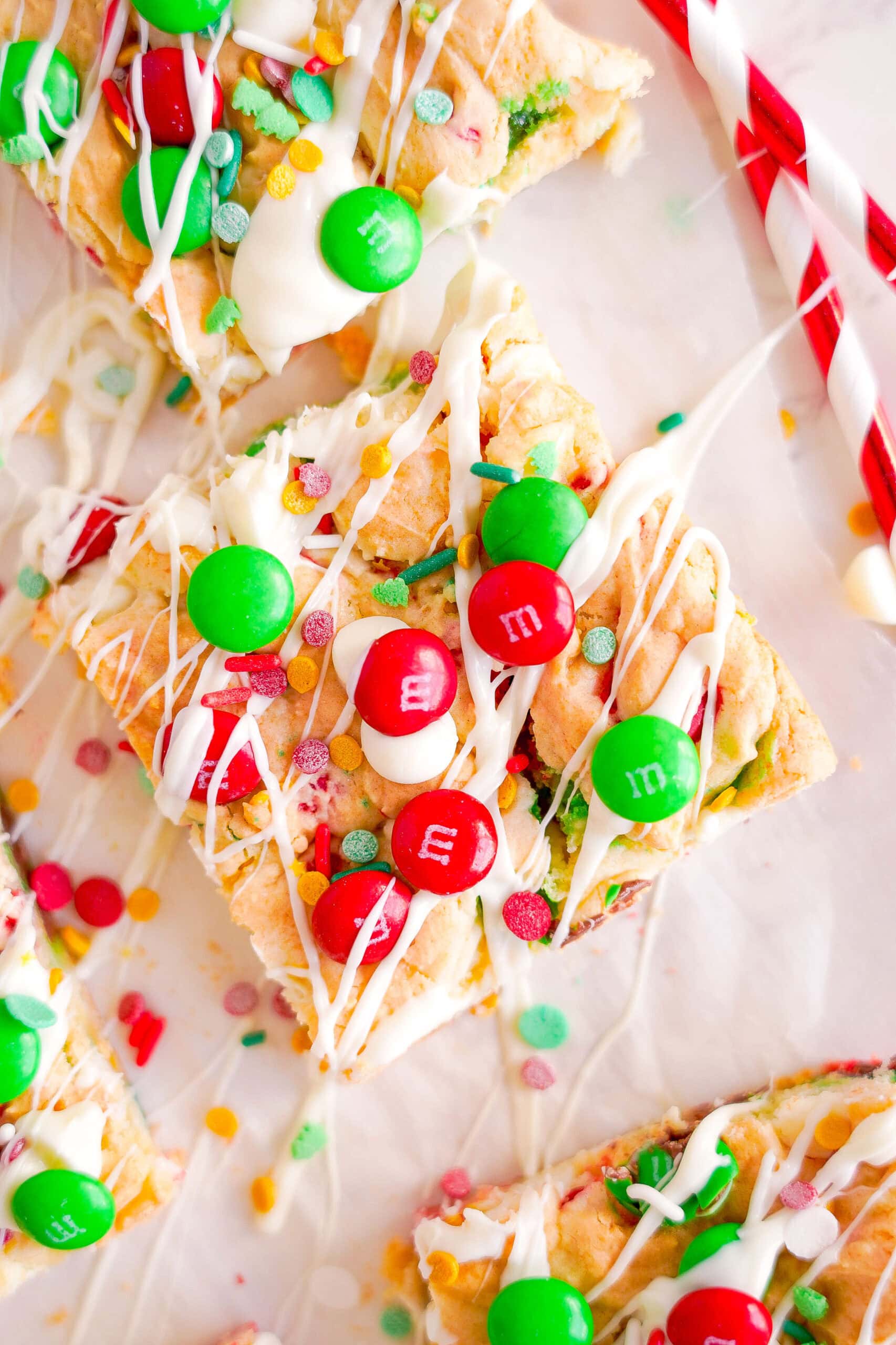 Birds eye view of holiday cookie bars.