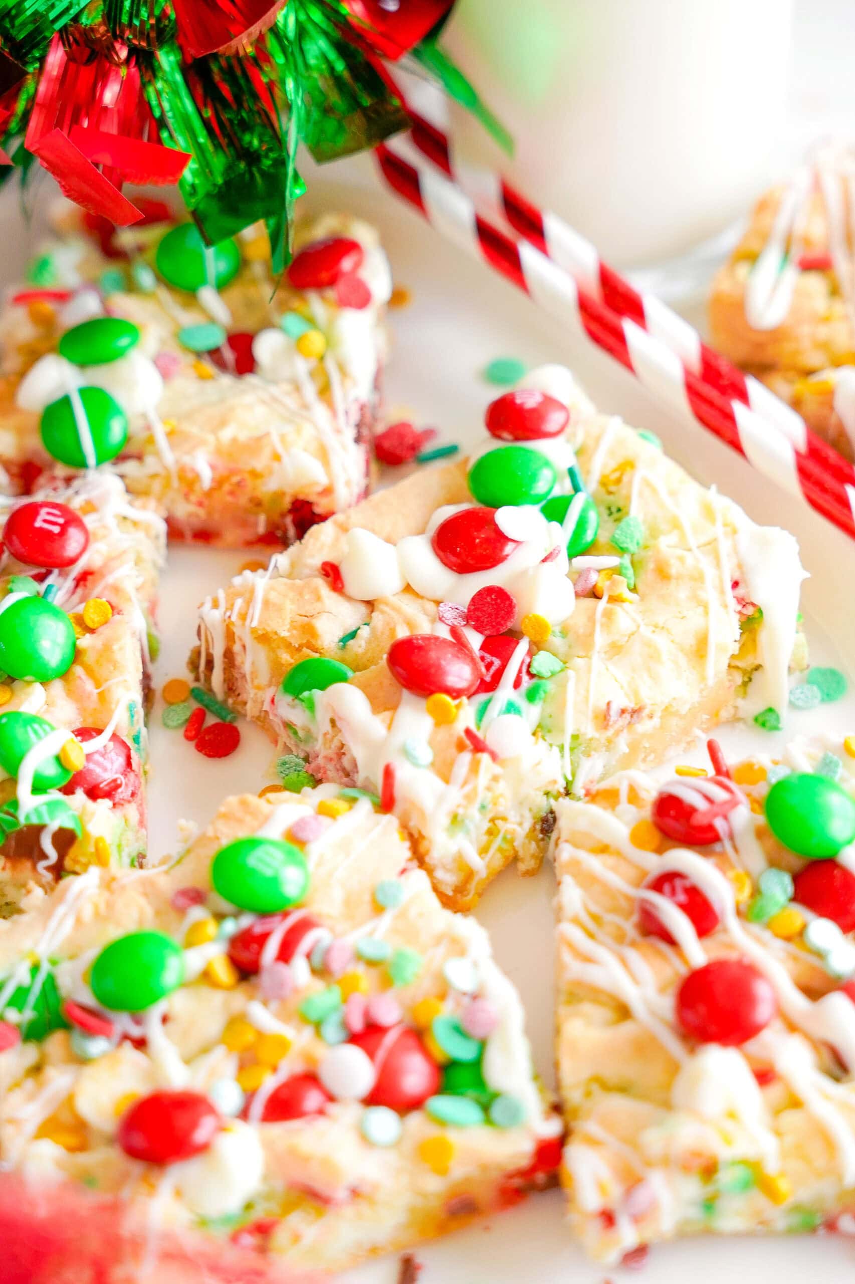 Side view of M&M Christmas Cookie Bars.