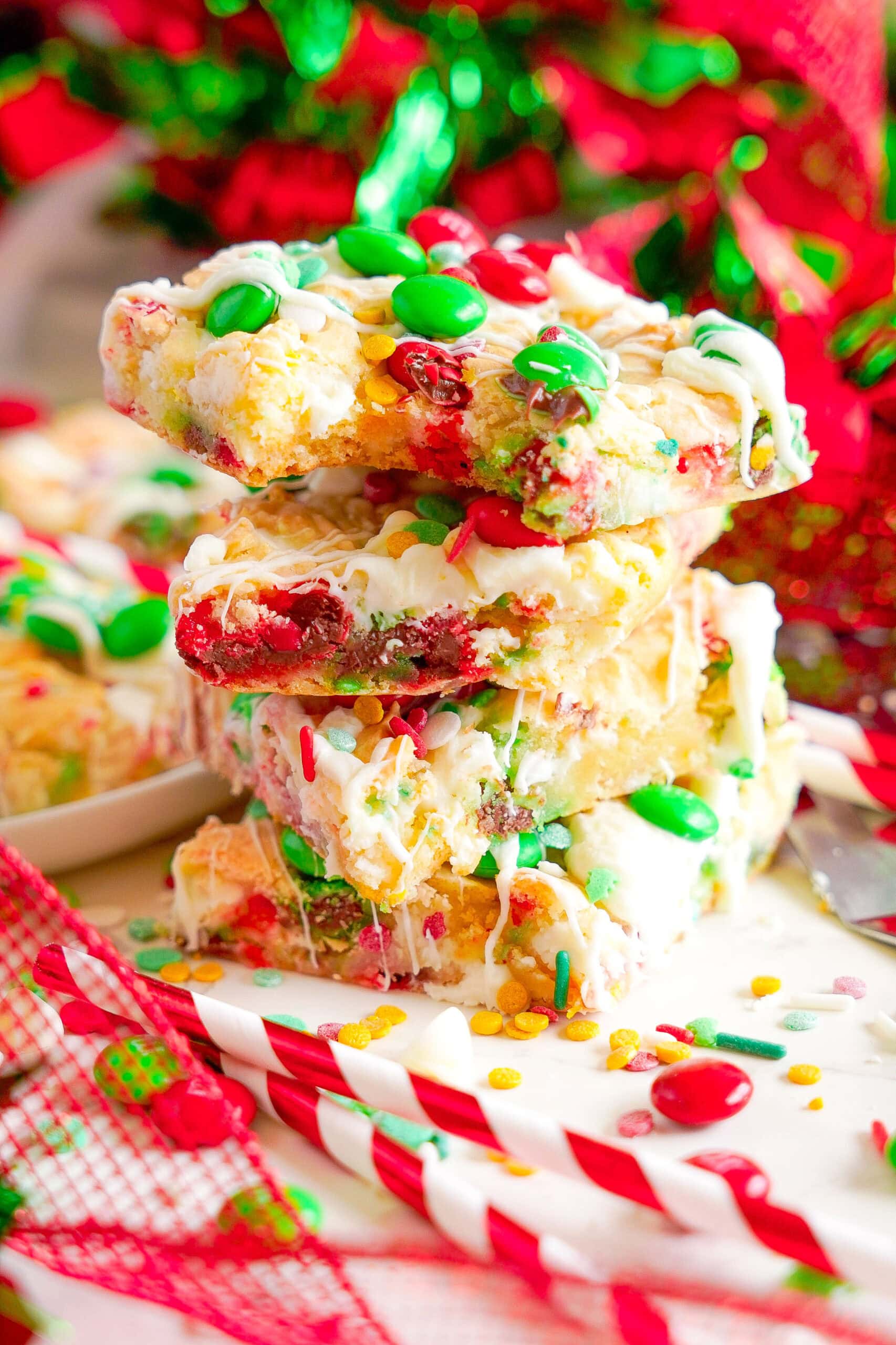 Stack of Christmas M&M Cookie Bars.