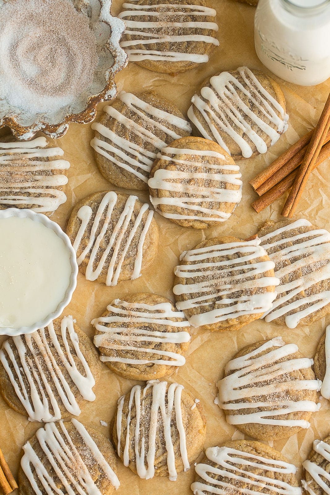 Cinnamon Roll Sugar Cookies on parchment paper.