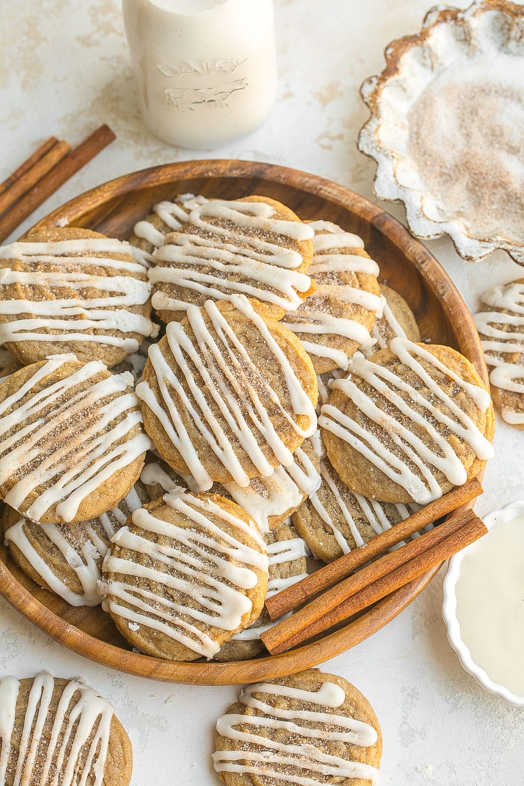 Cinnamon roll sugar cookies on a plate.