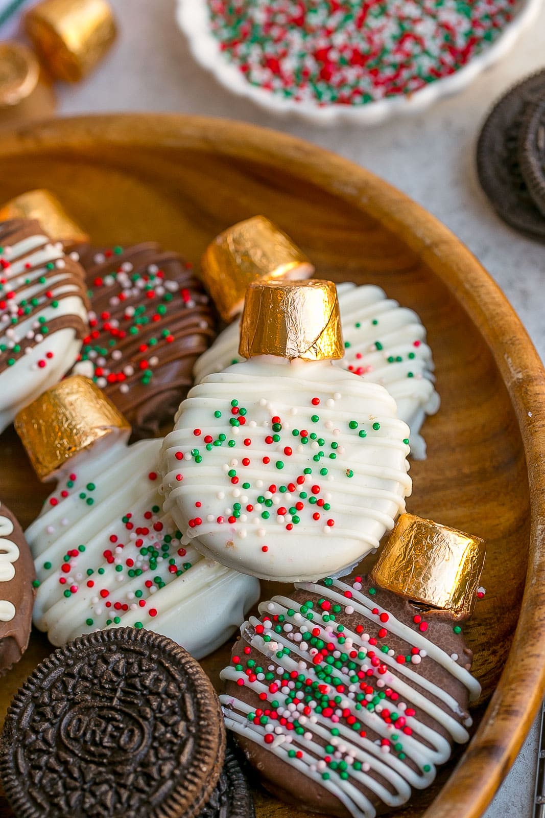 Christmas Oreos on a plate.