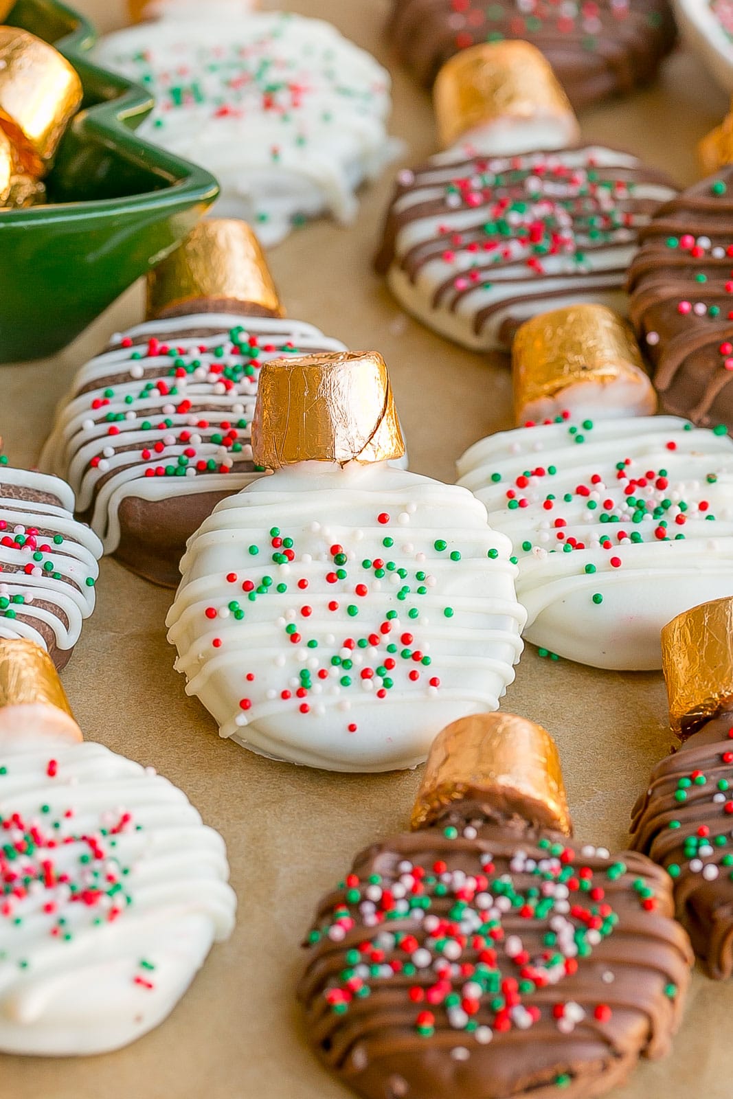 Oreo Ornament Cookies on parchment paper.