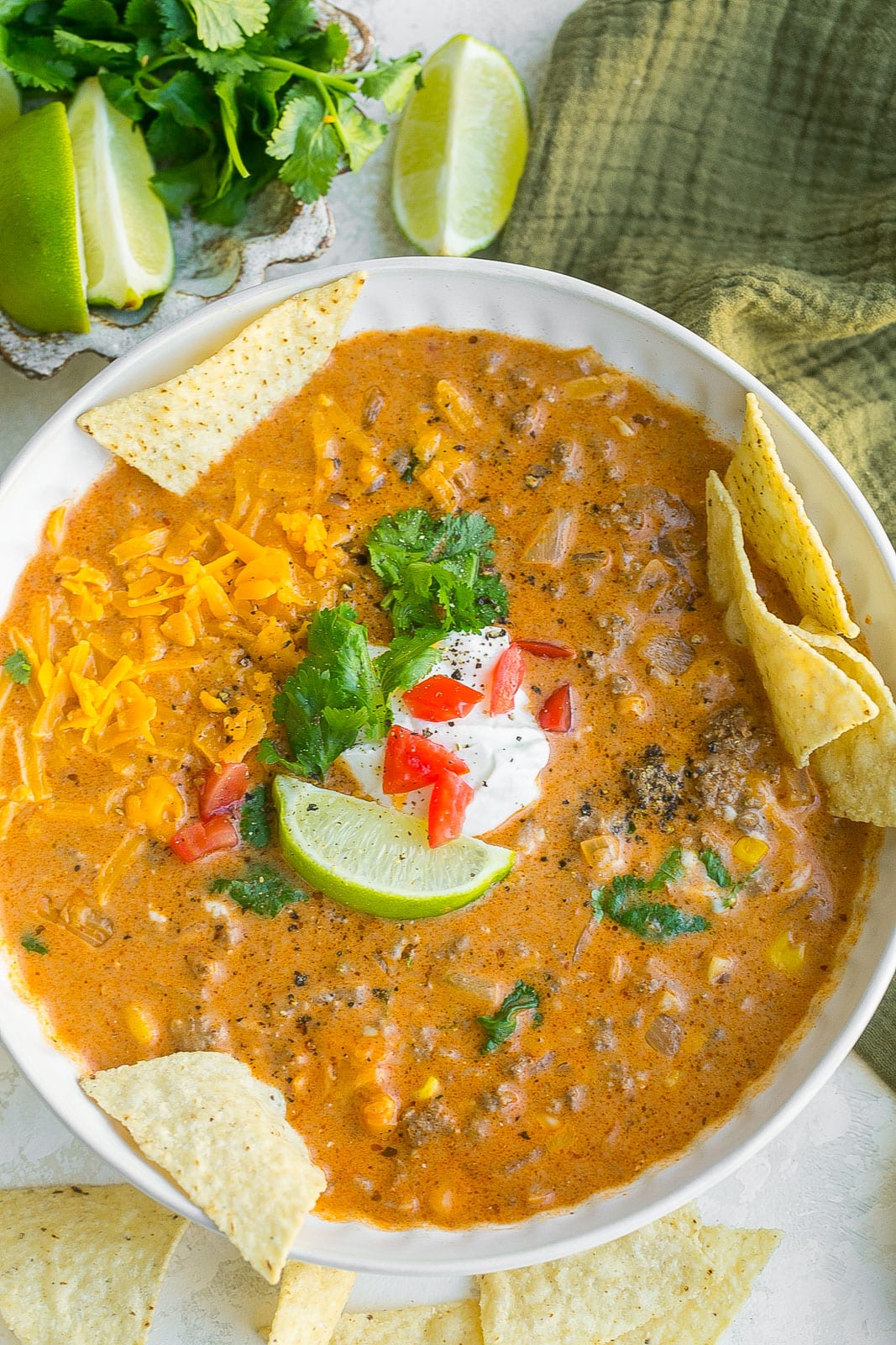 Beef Enchilada Soup close up view. 