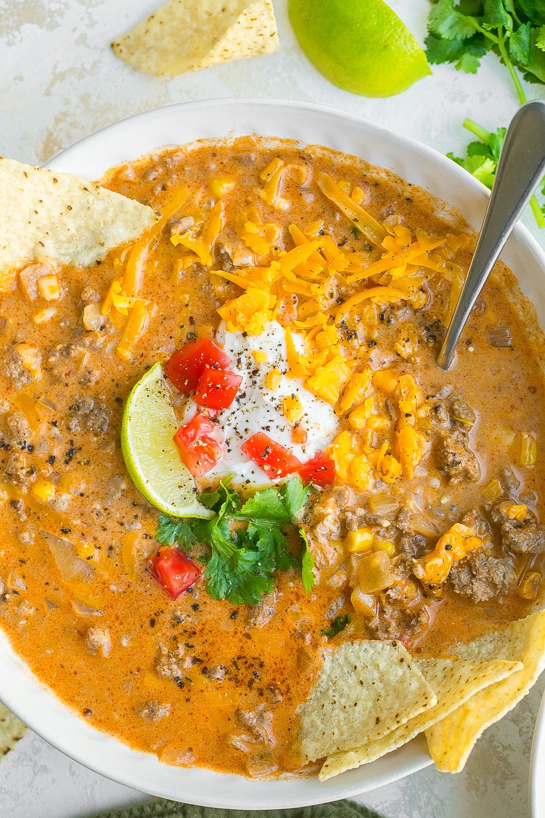 Bowl of Beef Enchilada Soup.