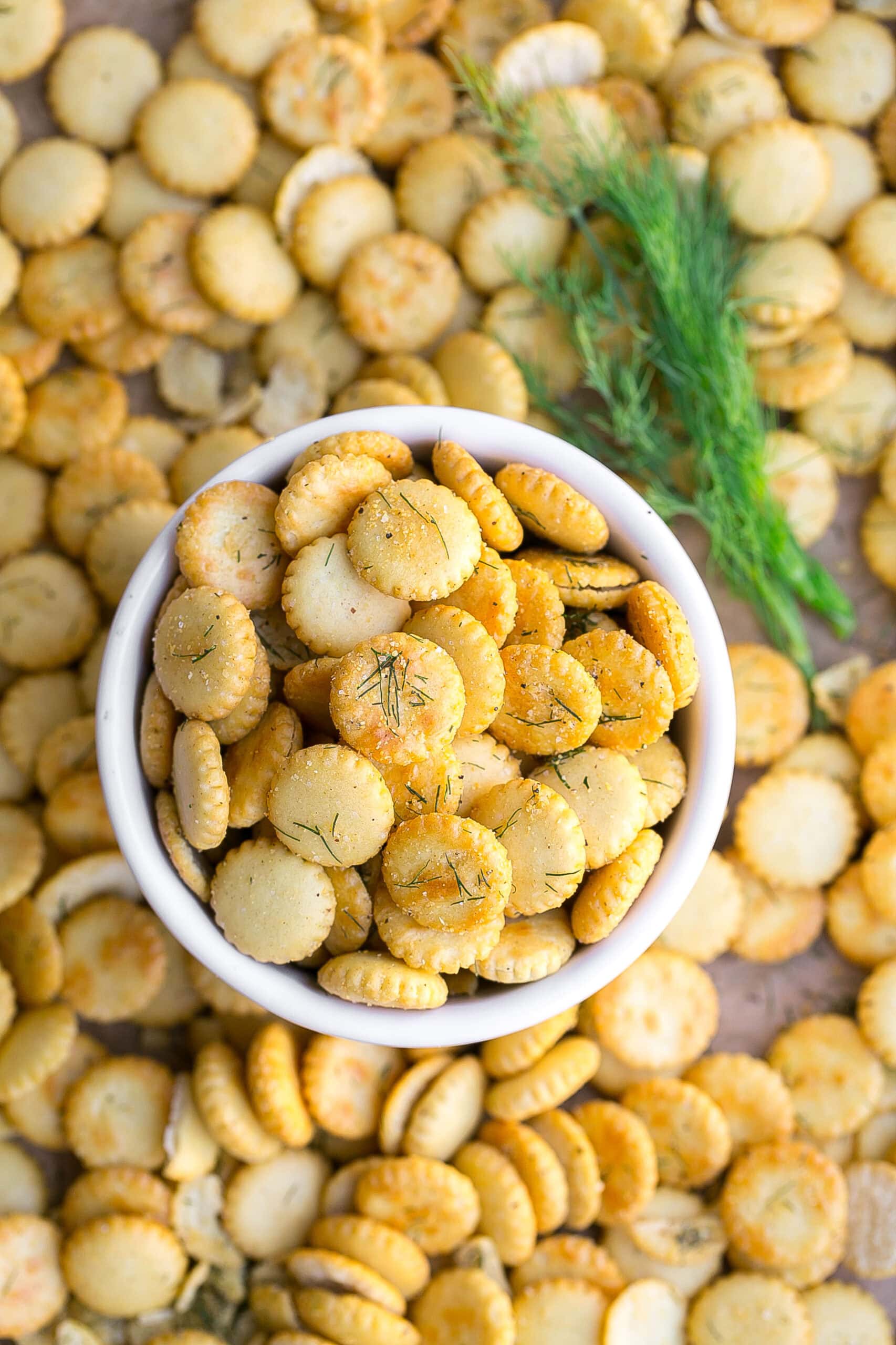 Dill seasoned oyster crackers in a small bowl.