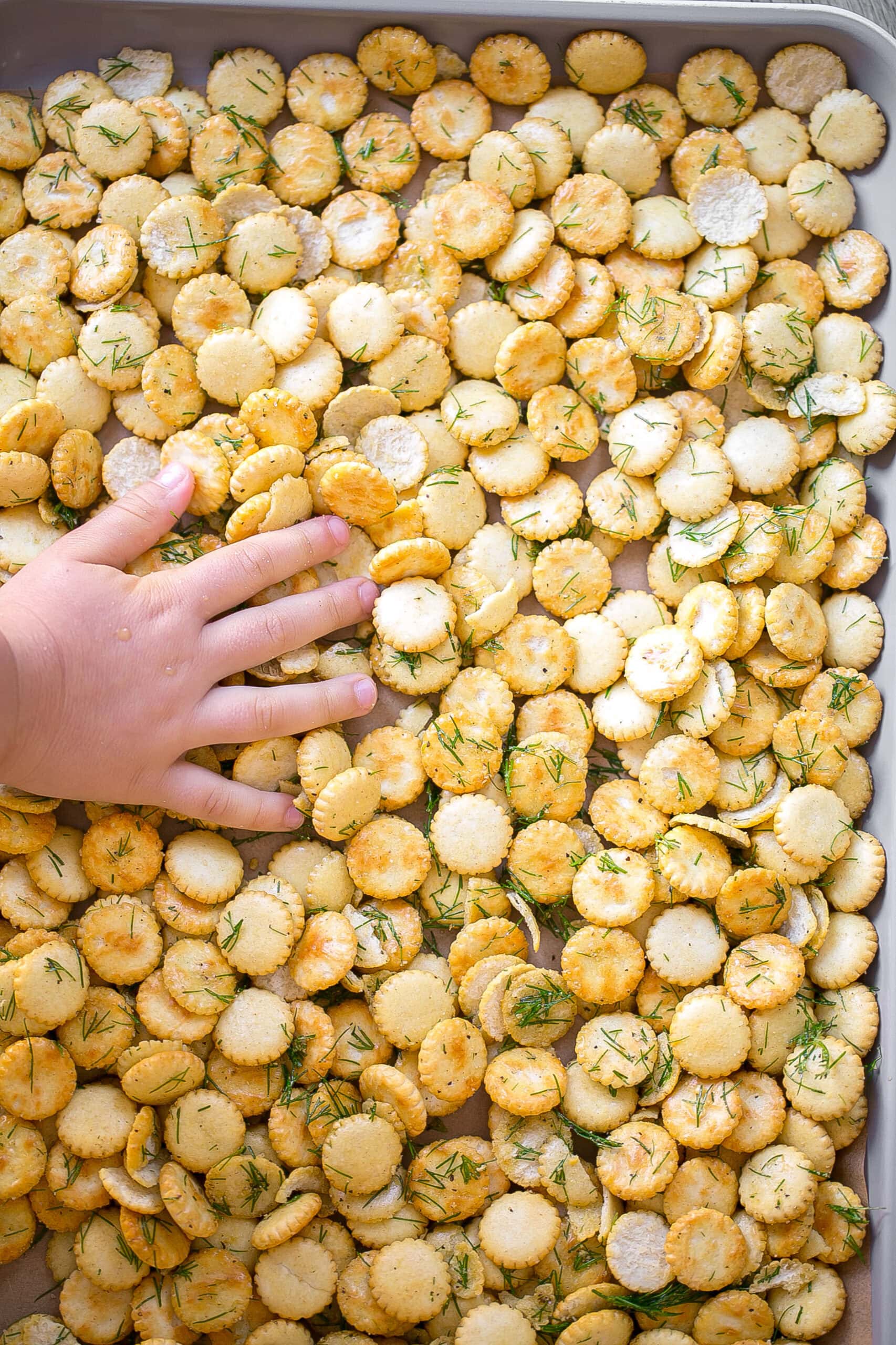 Oyster crackers with kids hand on baking dish.