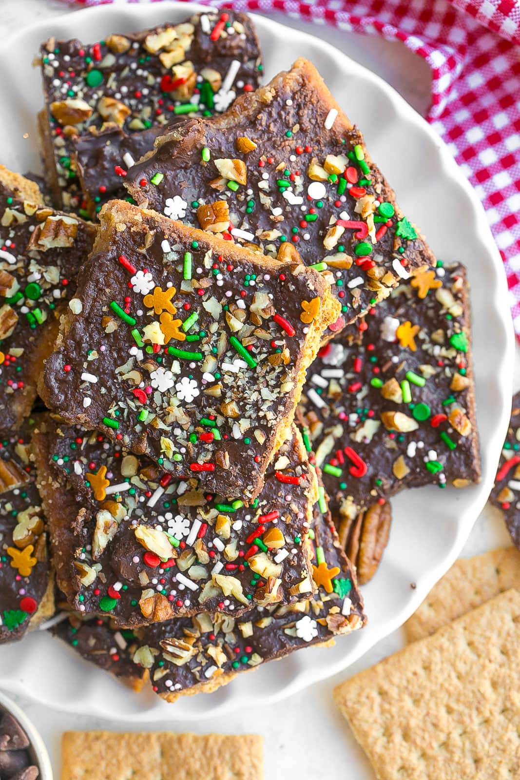 White plate full of a Graham Cracker Toffee recipe.