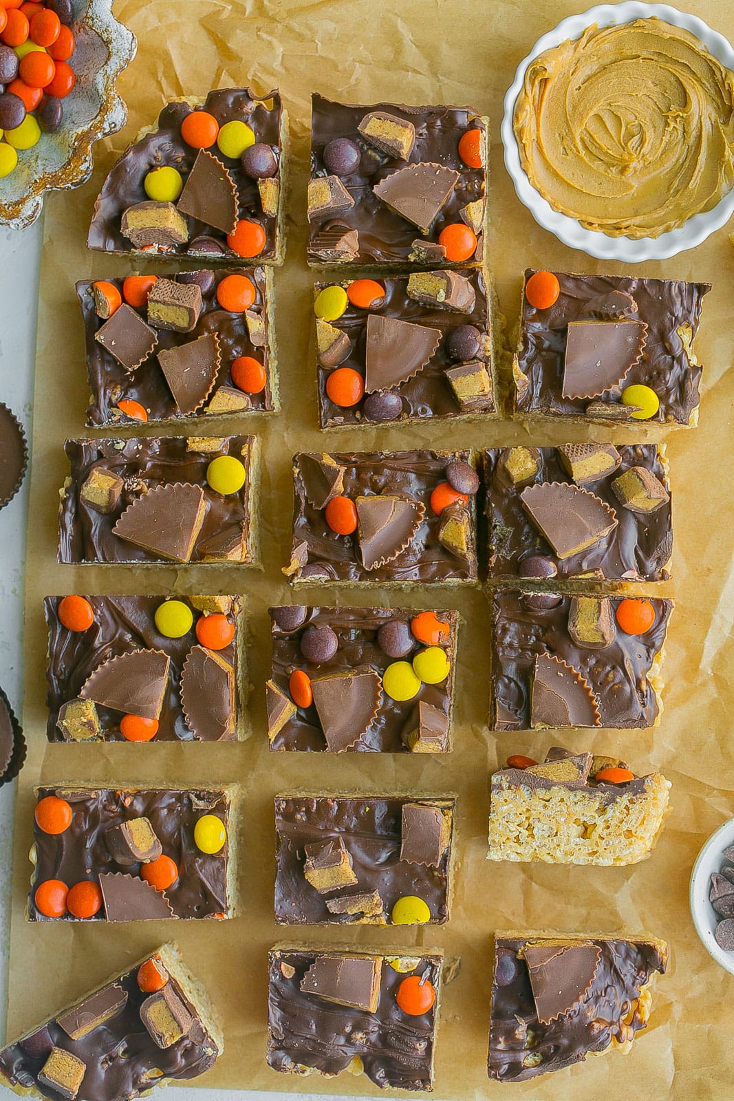 Peanut butter treats cut into squares. 