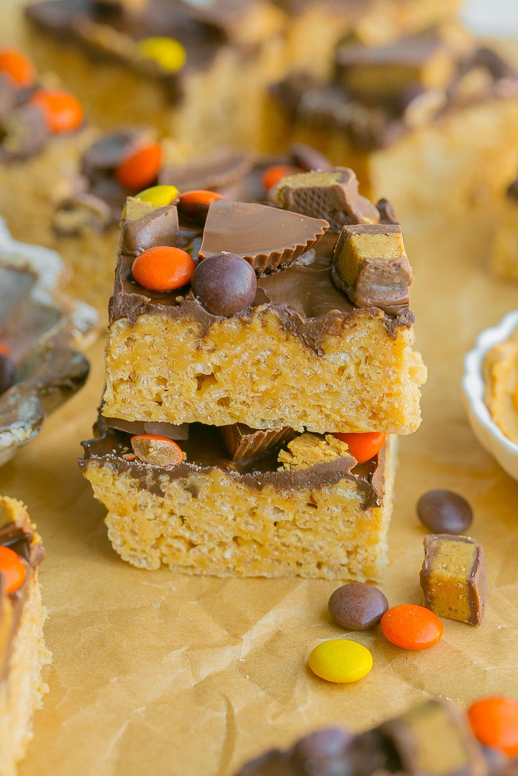 Stack of Chocolate Peanut Butter Rice Krispie Treats.