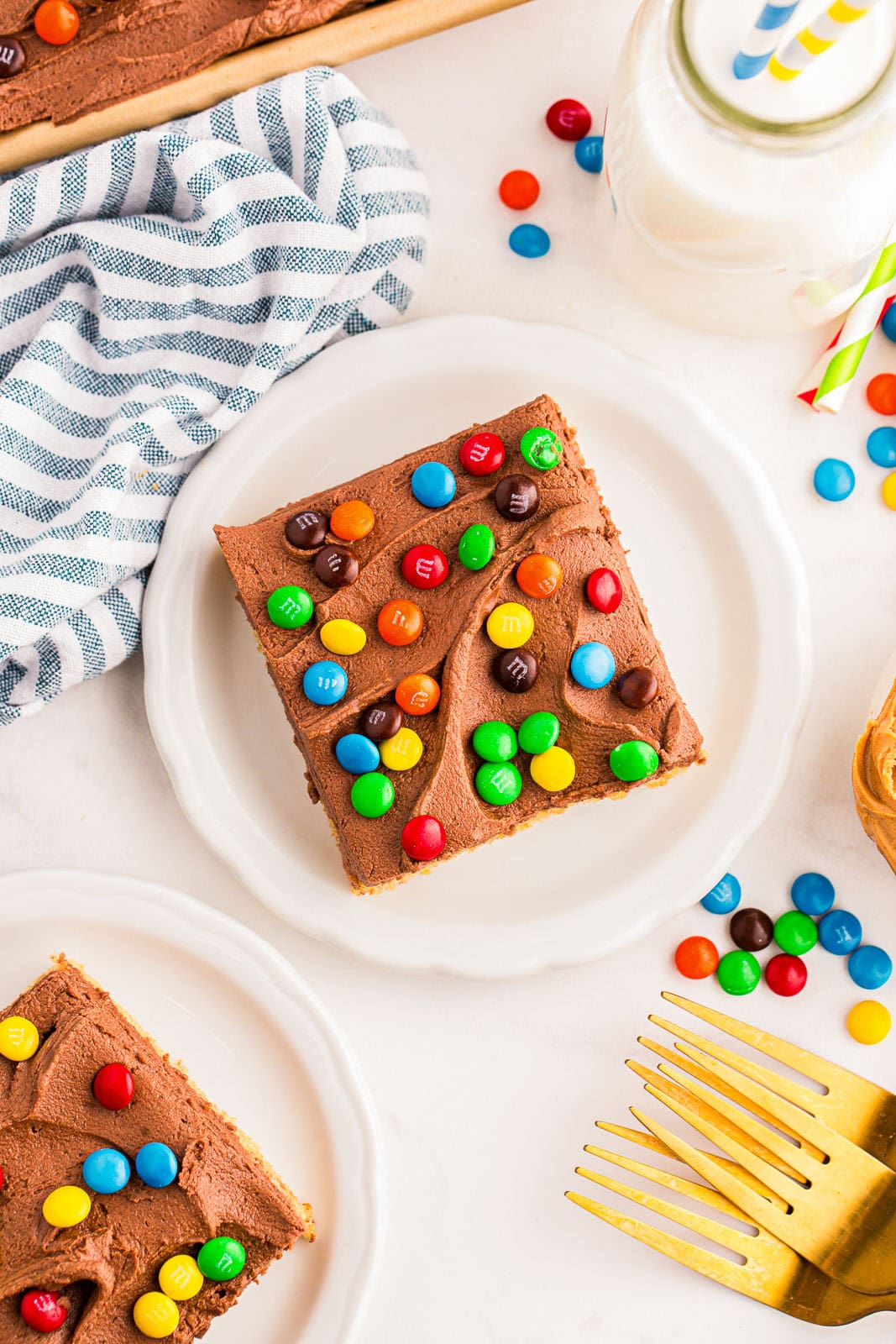 Square piece of a peanut butter cake.