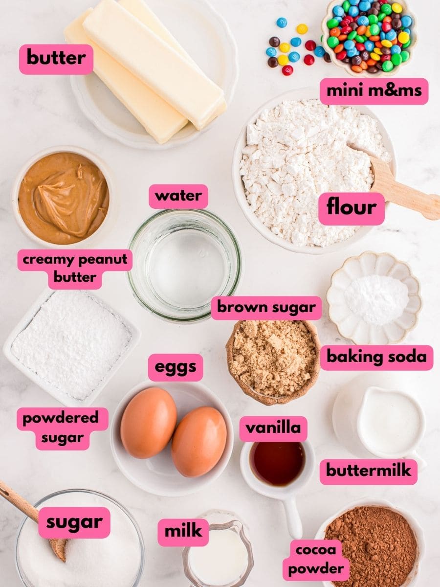 Ingredients to make peanut butter sheet cake recipe.