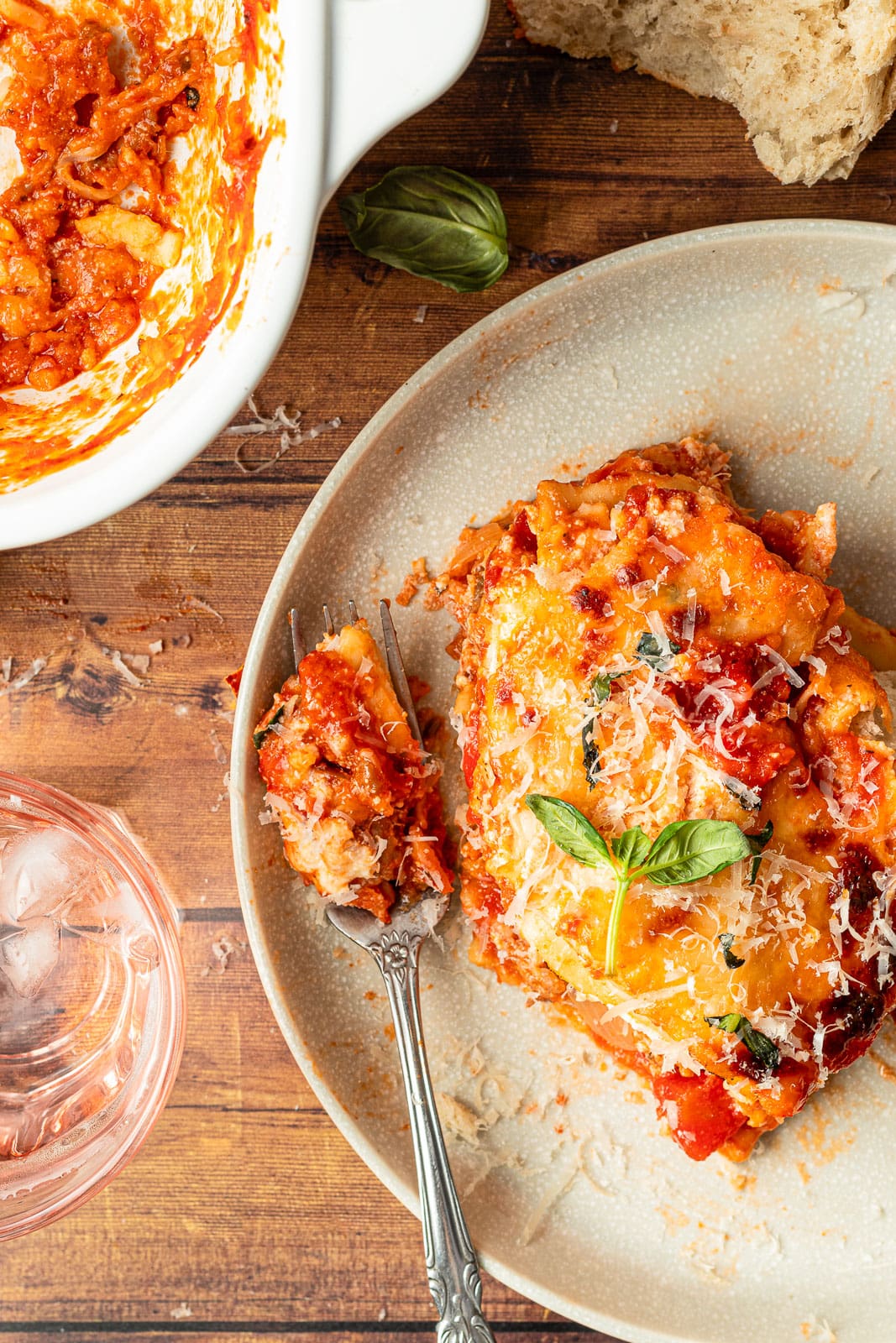 Ravioli lasagna on a plate and fork.