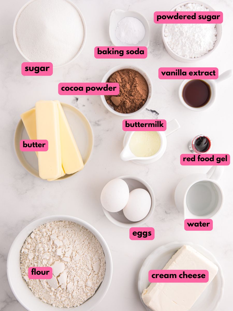 Ingredients to make Red Velvet Sheet Cake.