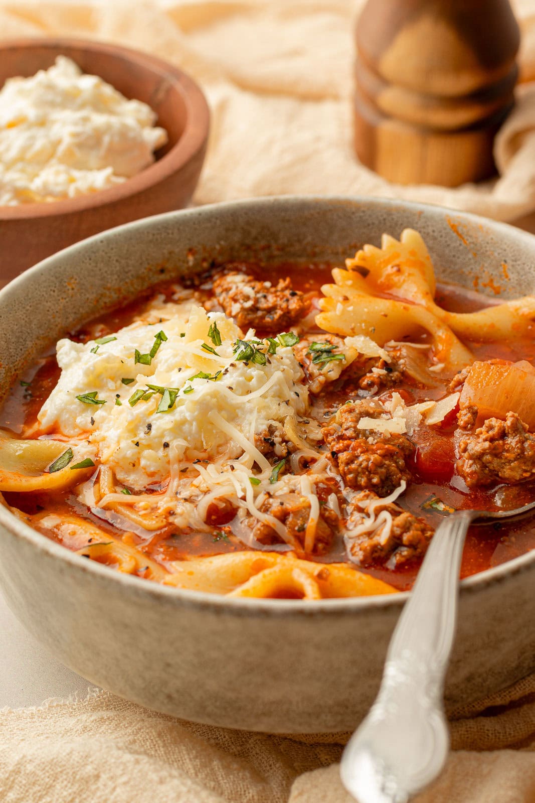 Side view a bowl of Lazy Lasagna Soup.