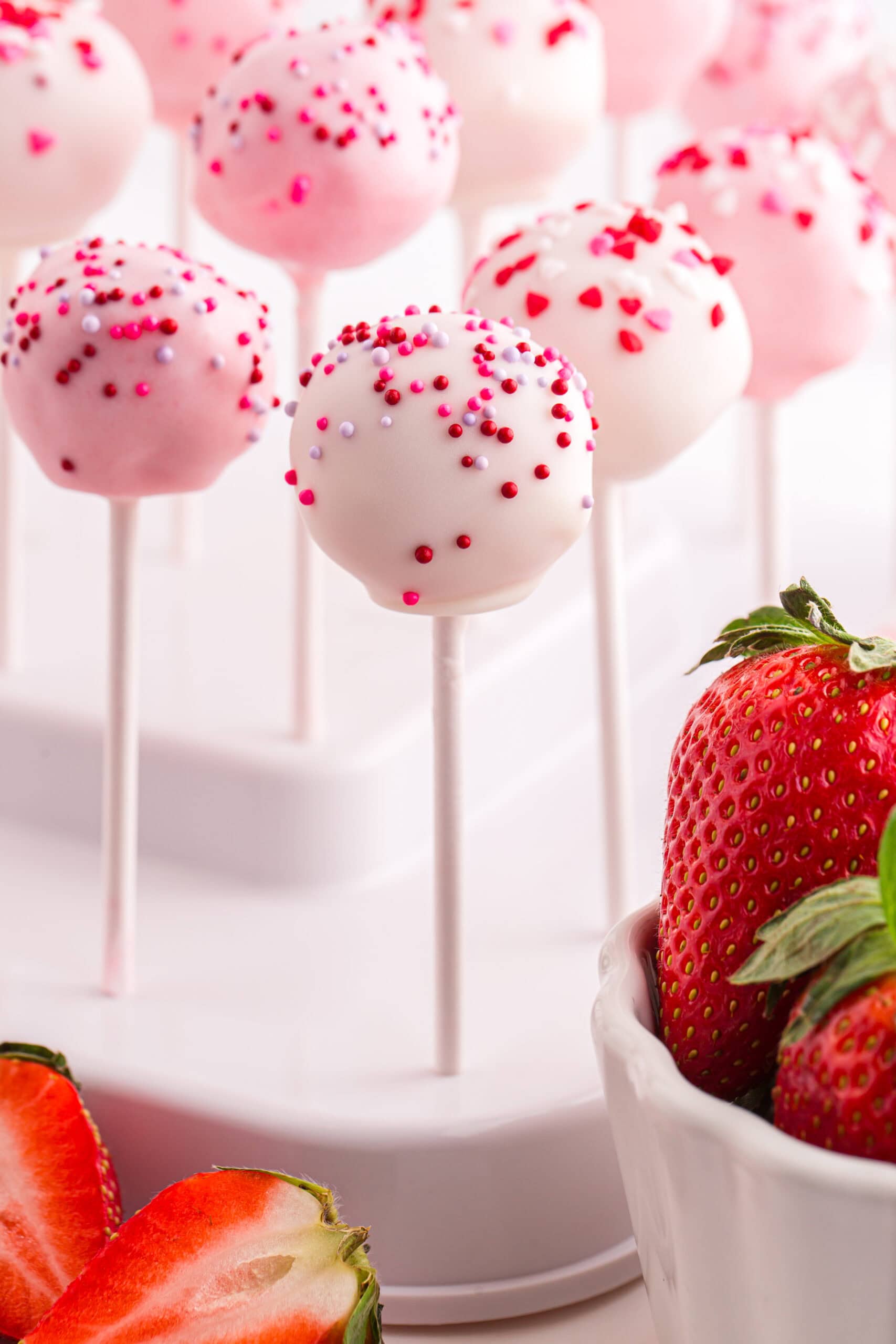 A display of Strawberry Cake Pops.