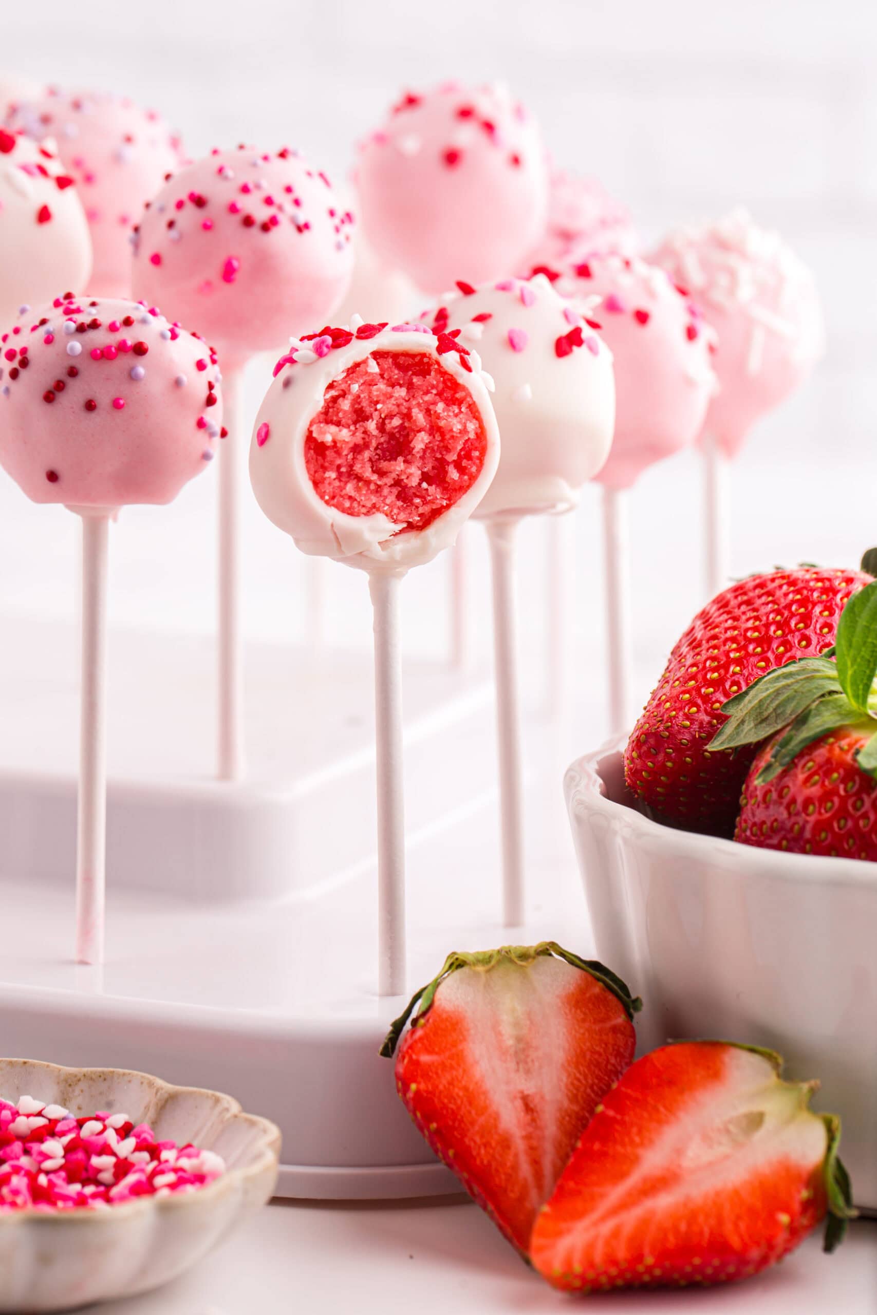 Easiest Strawberry Cake Pops recipe for Valentine's Day.