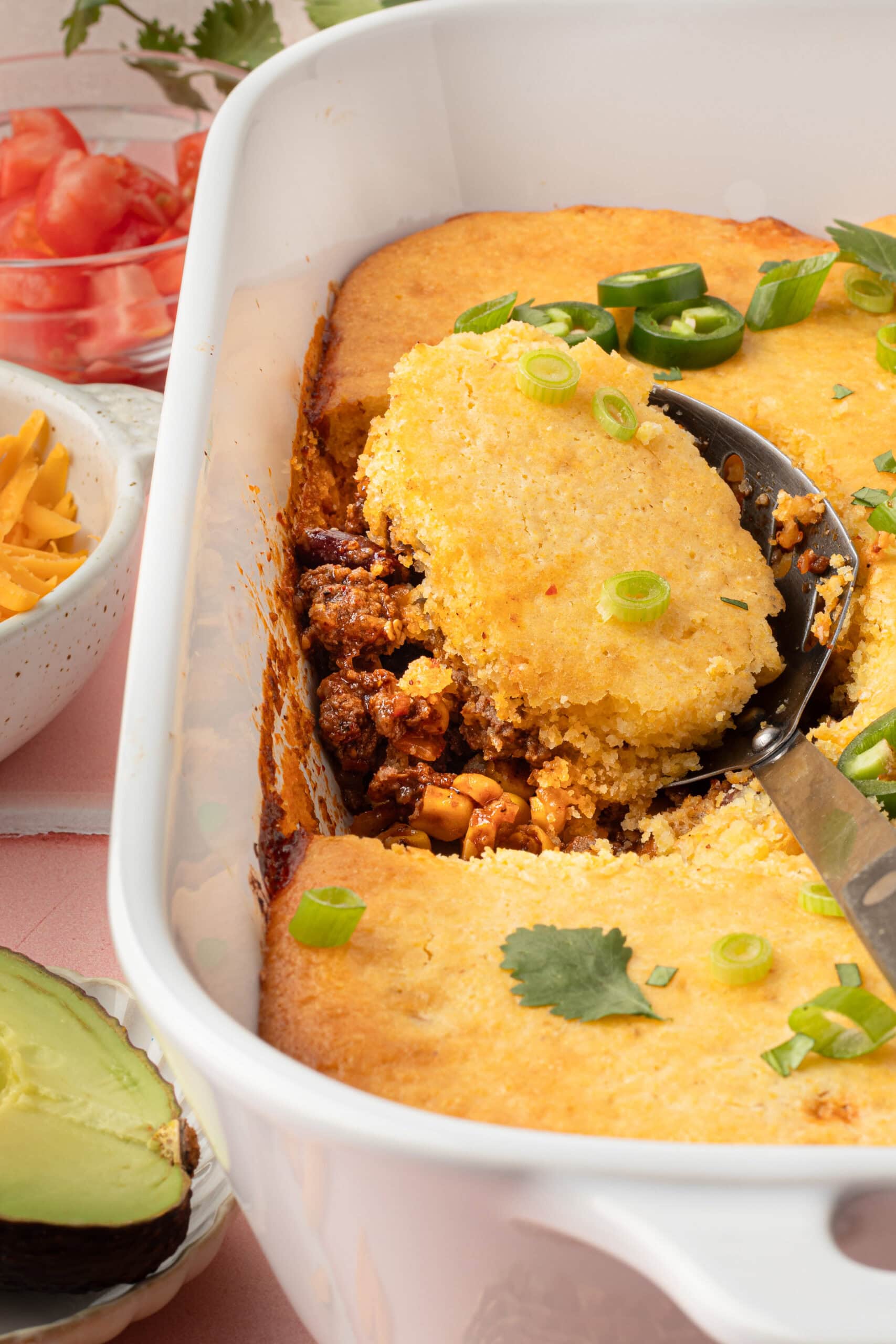 Scoop of Taco Cornbread Casserole.