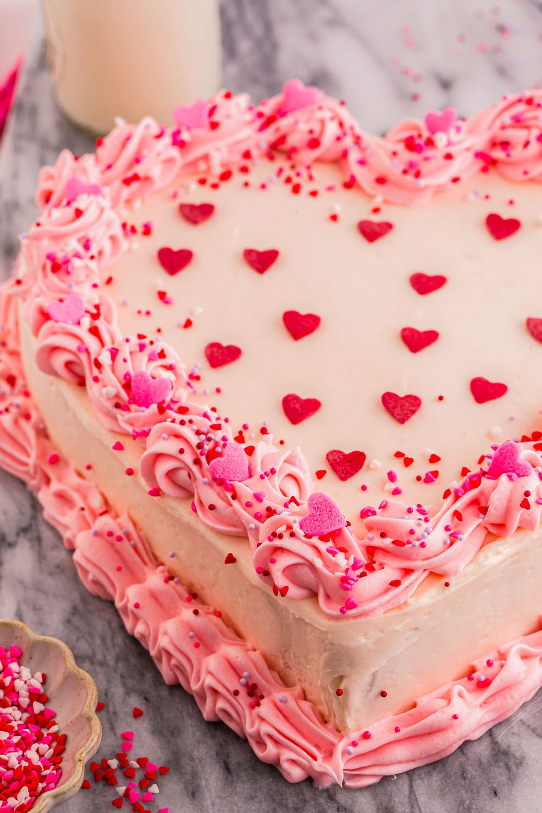 Side view of Heart Shaped Cake with buttercream cream cheese frosting.