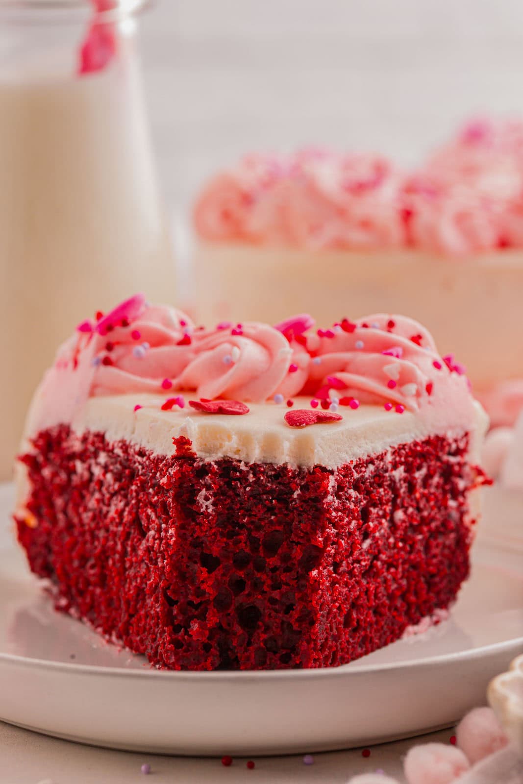 Valentine's Day cake slice with cut mark.