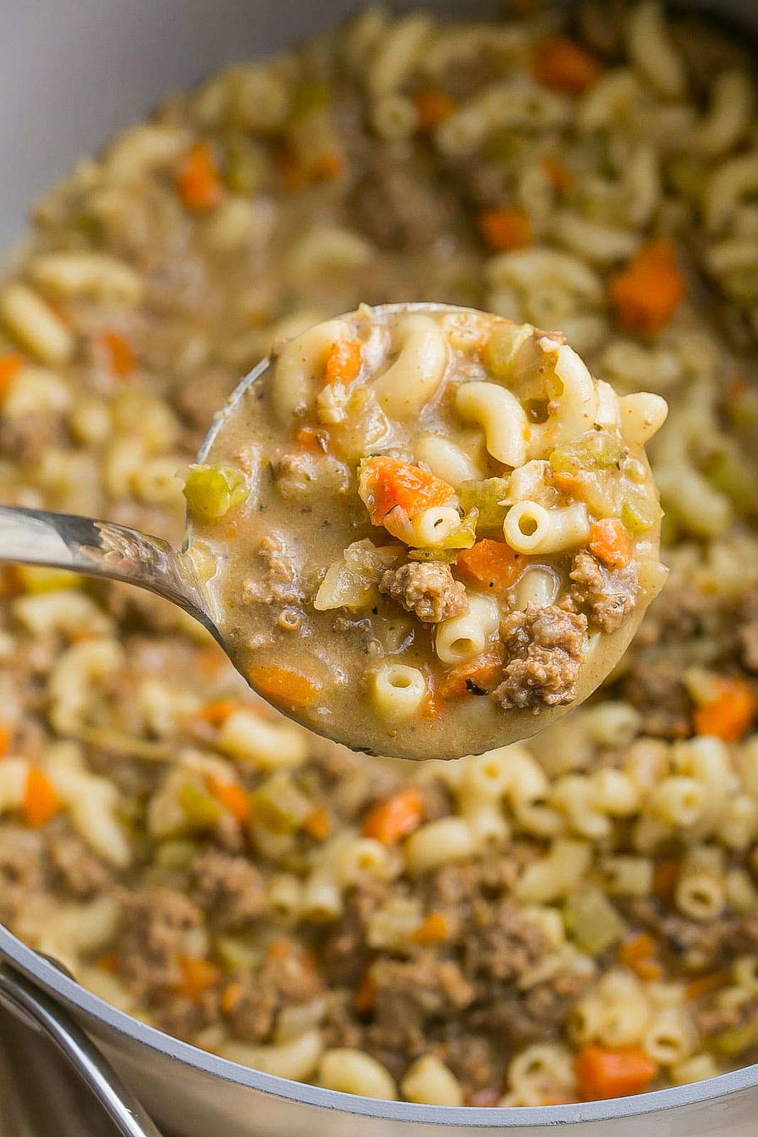 Ladle full of cheeseburger macarono soup.