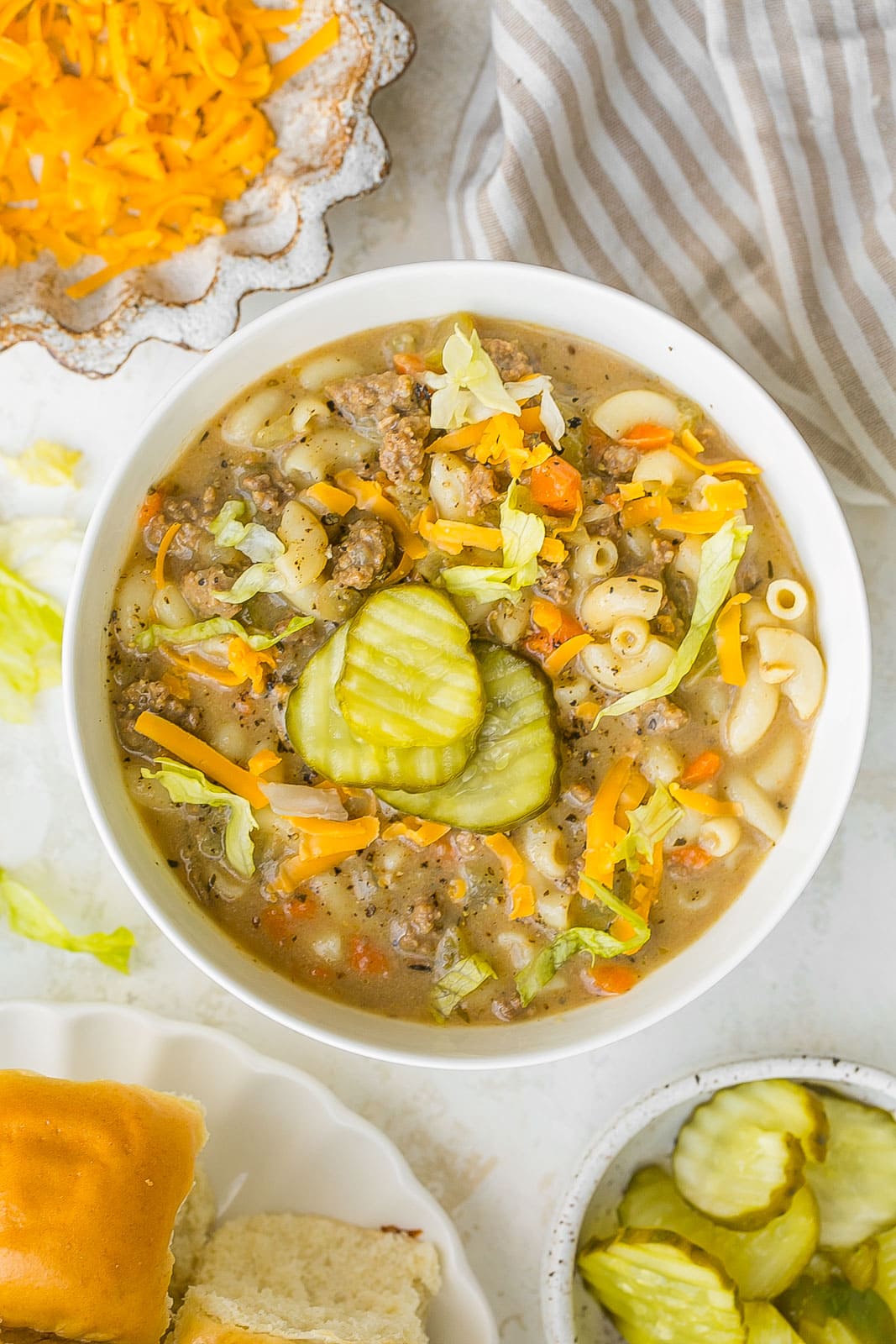 Bowl of cheeseburger mac soup.