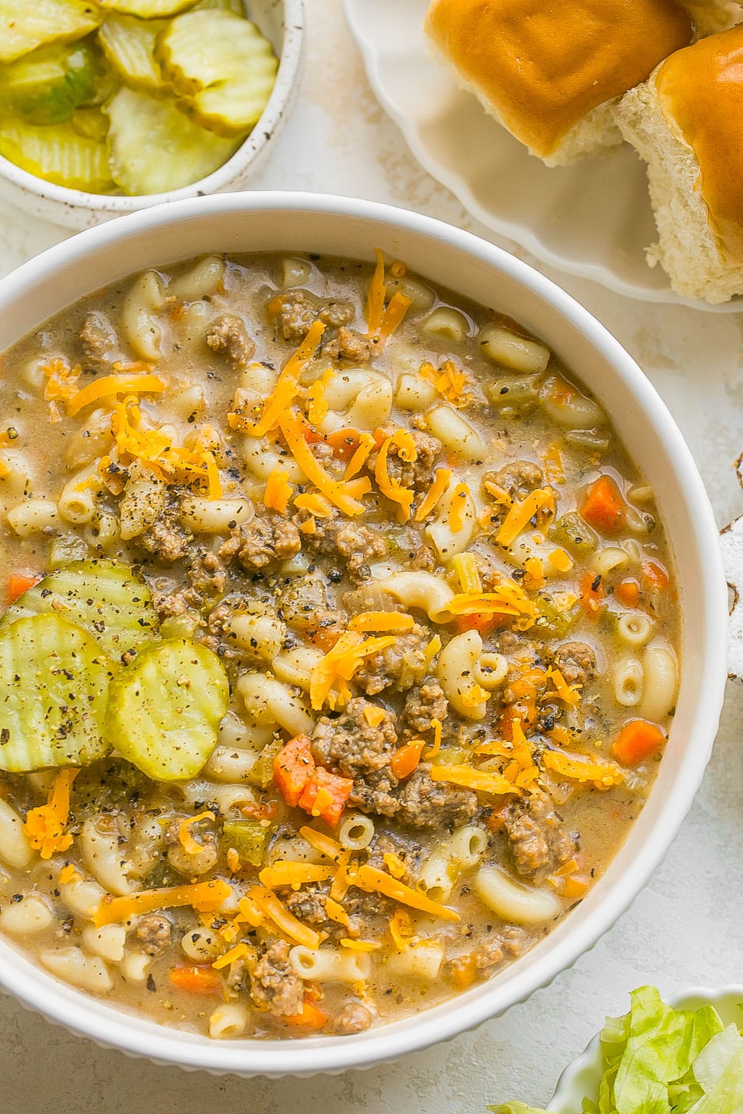 Close up of one-pot cheeseburger soup.