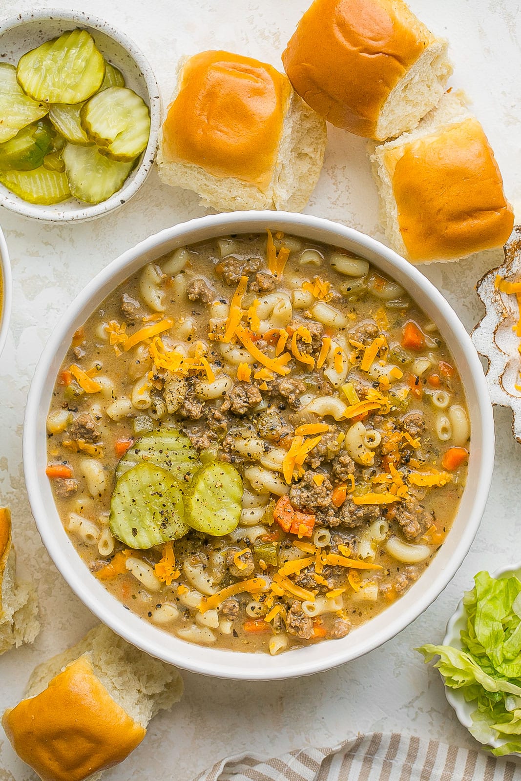 Cheeseburger Mac Soup with cheese on top.