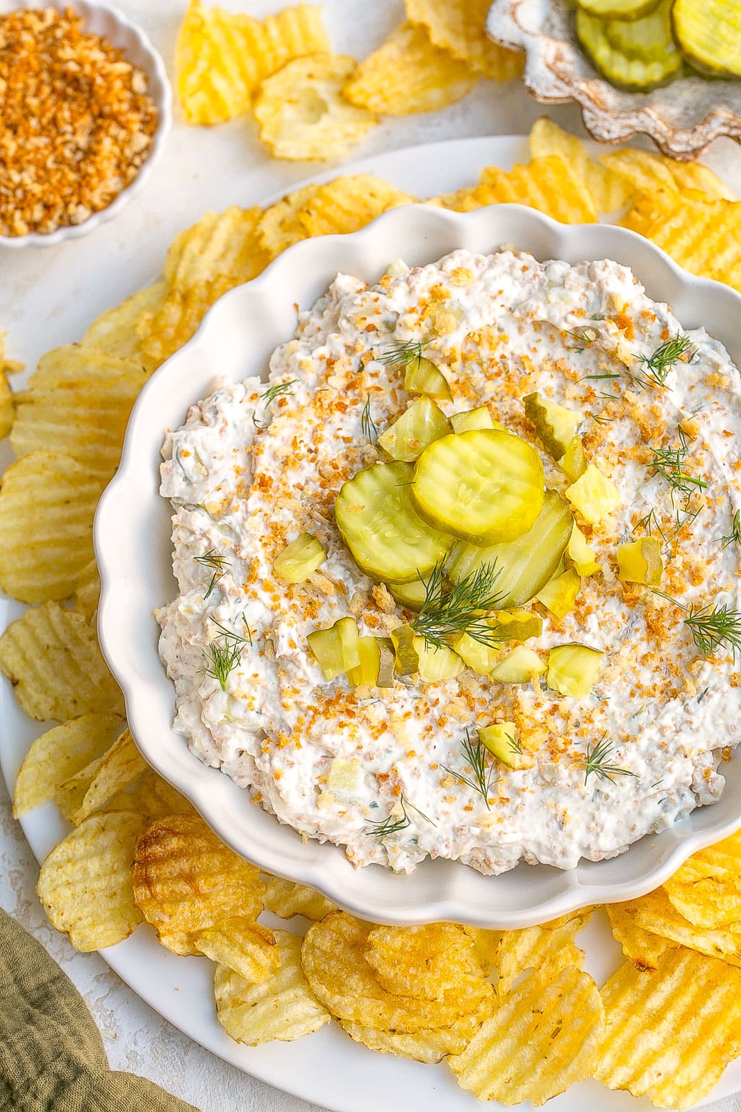 Fried Pickle Dip with potato chips on the side.