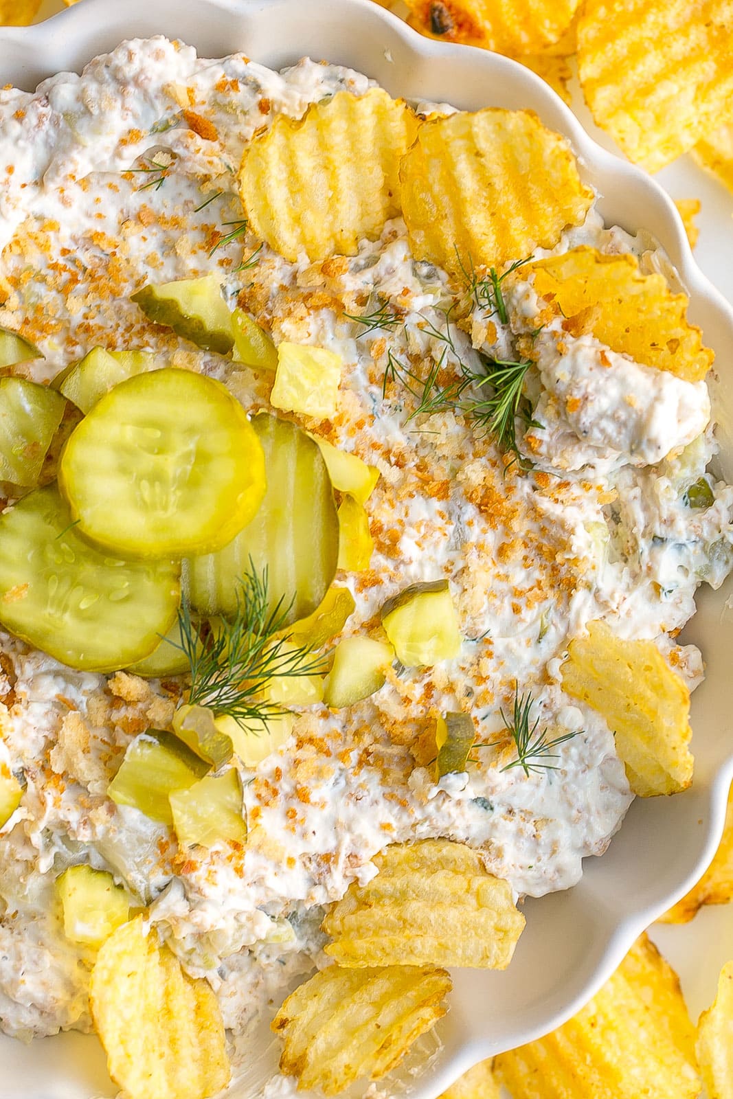 Birds eye view of fried pickle dip recipe.