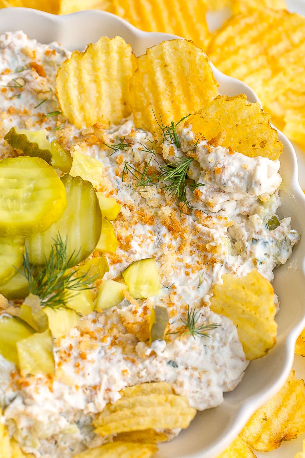 Close up of fried pickle dip with pickles on top.