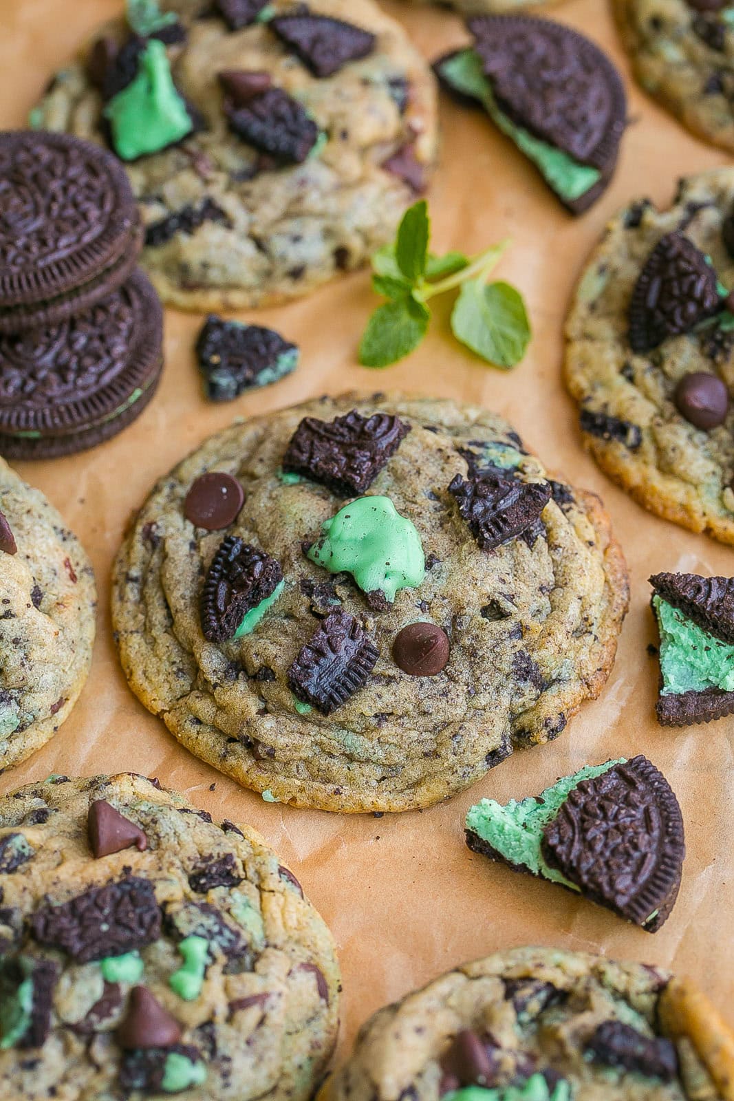 Mint Oreo Cookies on parchment paper. 