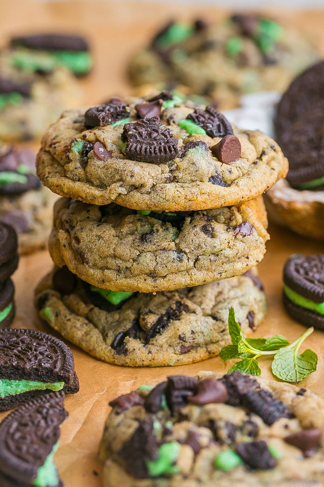 Stack of Chocolate chip cookies with min Oreos. 